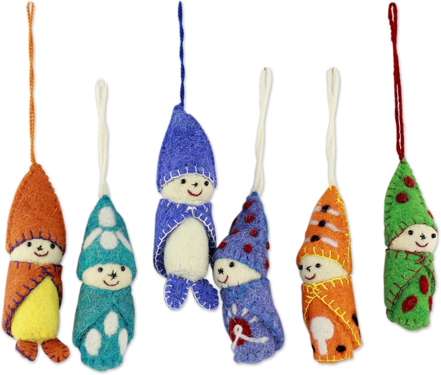 NOVICA Handmade Felted Wool Hanging Holiday Elf Ornaments, 'Babes in Snowsuits' (Set of 6)