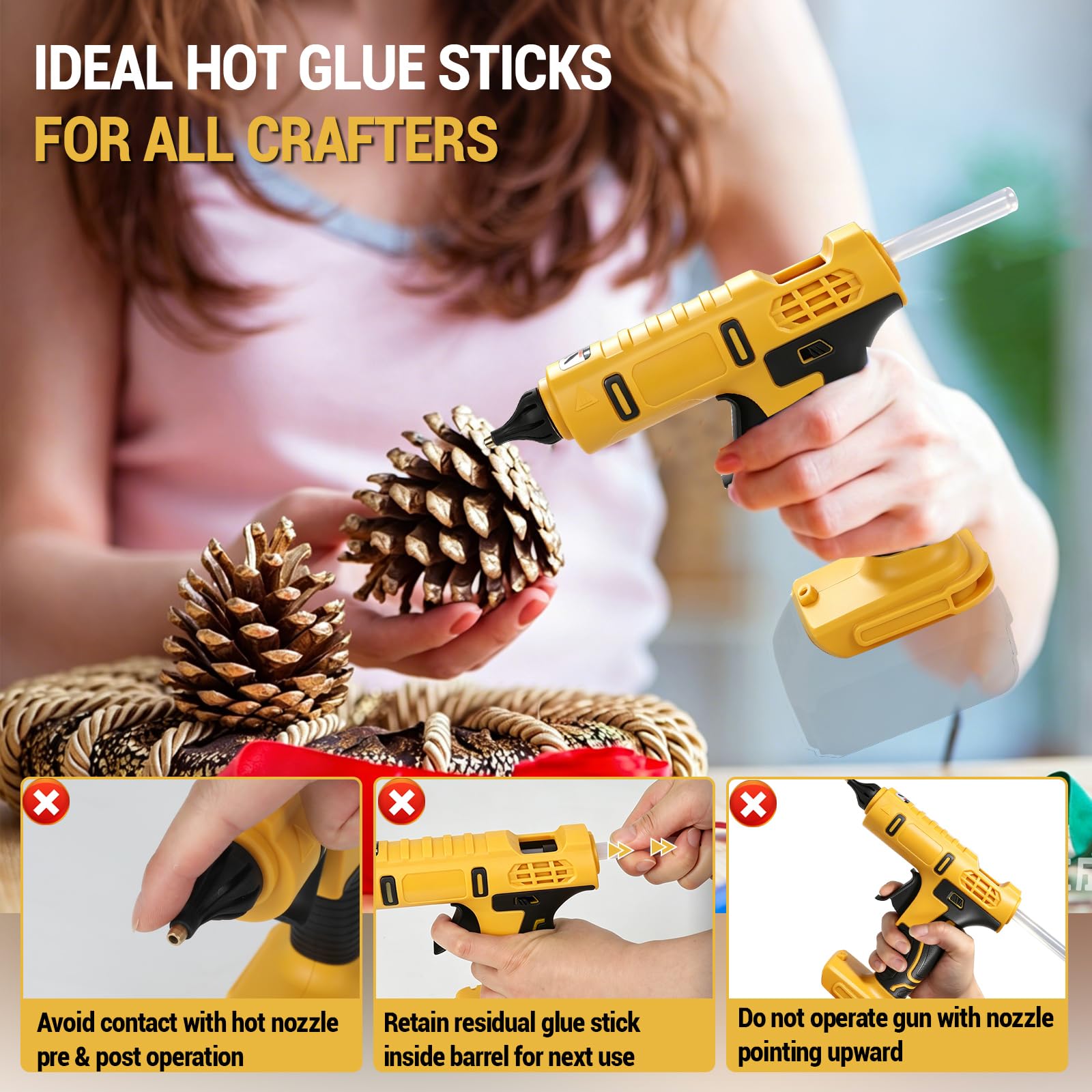 Pistola de pegamento caliente a batería compatible con Dewalt 18V/20V, pistola de pegamento caliente con 20 barras de pegamento de 11 mm, ideal para reparaciones, manualidades, bricolaje (amarillo