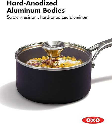 Miniatura 4 de OXO Juego de ollas profesionales de 1.7 cuartos y 2.3 cuartos de galón con tapas, utensilios de cocina antiadherentes de cerámica anodizada dura,