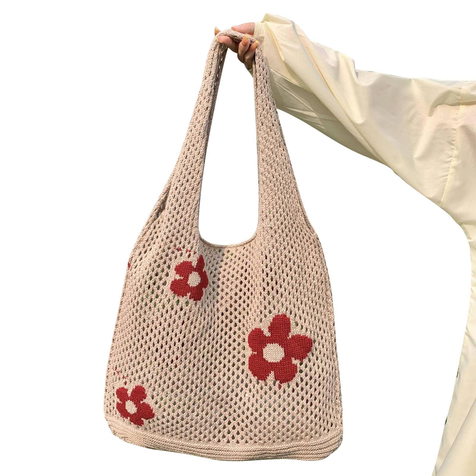 レディース かぎ針編み トートバッグ ニット ショルダー クロスボディ ハンドバッグ 美的 ショッピングバッグ かわいい財布 かぎ針編み ホーボーバッグ,送料無料