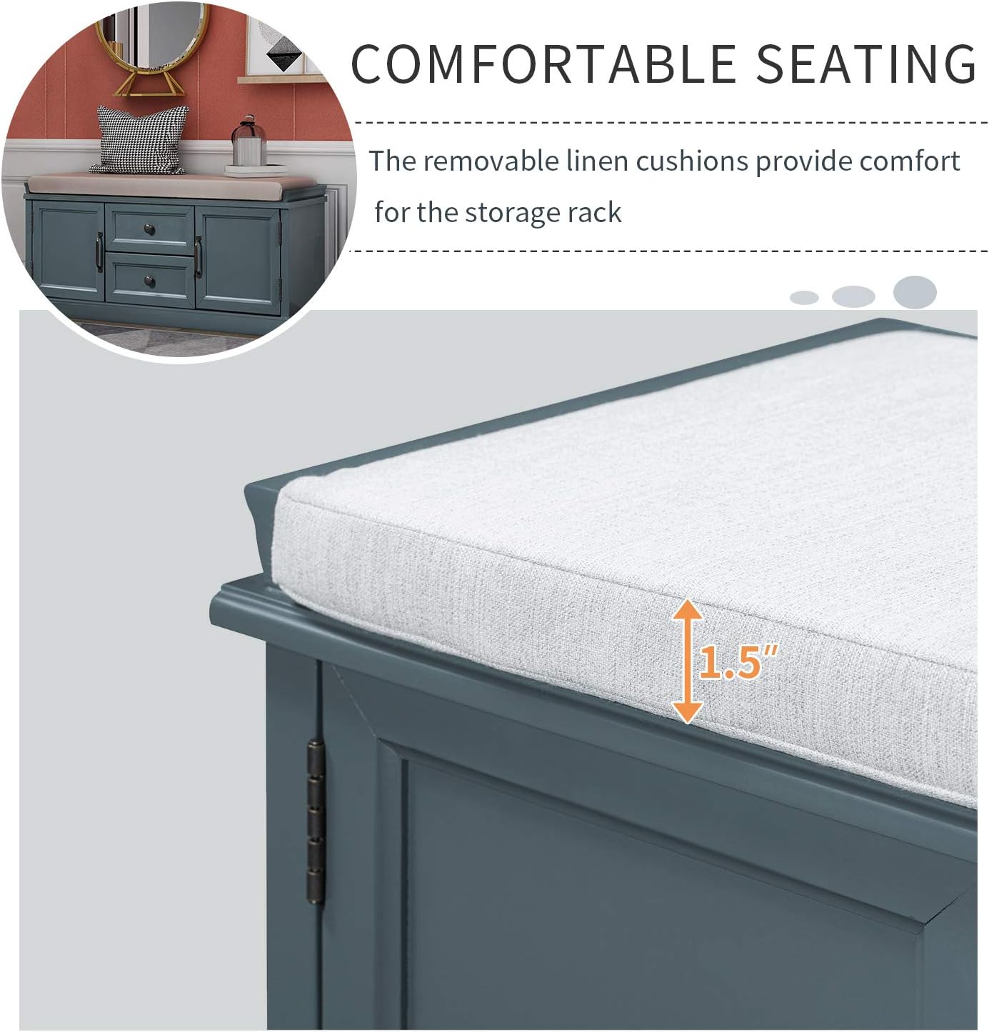 Storage Bench, Solid Wood Shoe Bench with 2 Drawers/2 cabinets/Removable Cushion, Modern Entryway Bench for Living Room, No Assembly Required (Blue-5) 42.9L*15.9W*17.5H inch