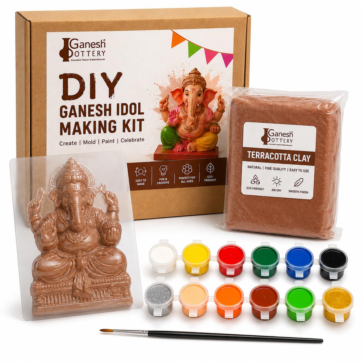 Ganesh Pottery DIY Ganesha Idol Making Kit with Terracotta Clay, Reusable PET Ganesha Mould, 12 Tempera Colours & Brush | Clay Craft Kit for Kids & Adults | Ganesh Chaturthi DIY