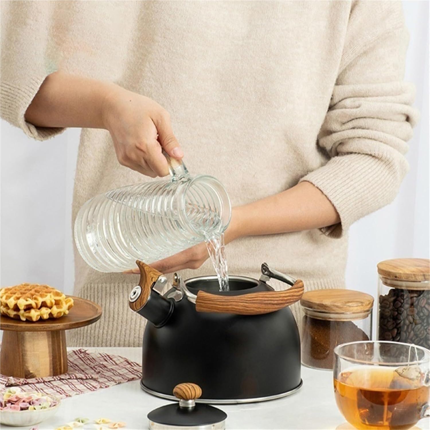 Tea Kettle for Stove Top, Stainless Steel Whistling Tea Pot with Cool Touch Wood Pattern Ergonomic Handle, Loud Whistle Teapot for Tea,Coffee, Milk(Black)