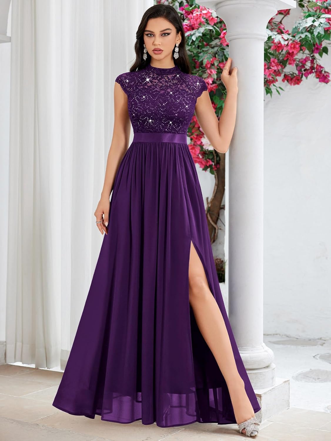 Miusol Women's Elegant Sequin Lace Contrast Chiffon Split Style Evening Party Maxi Dress - Image 6