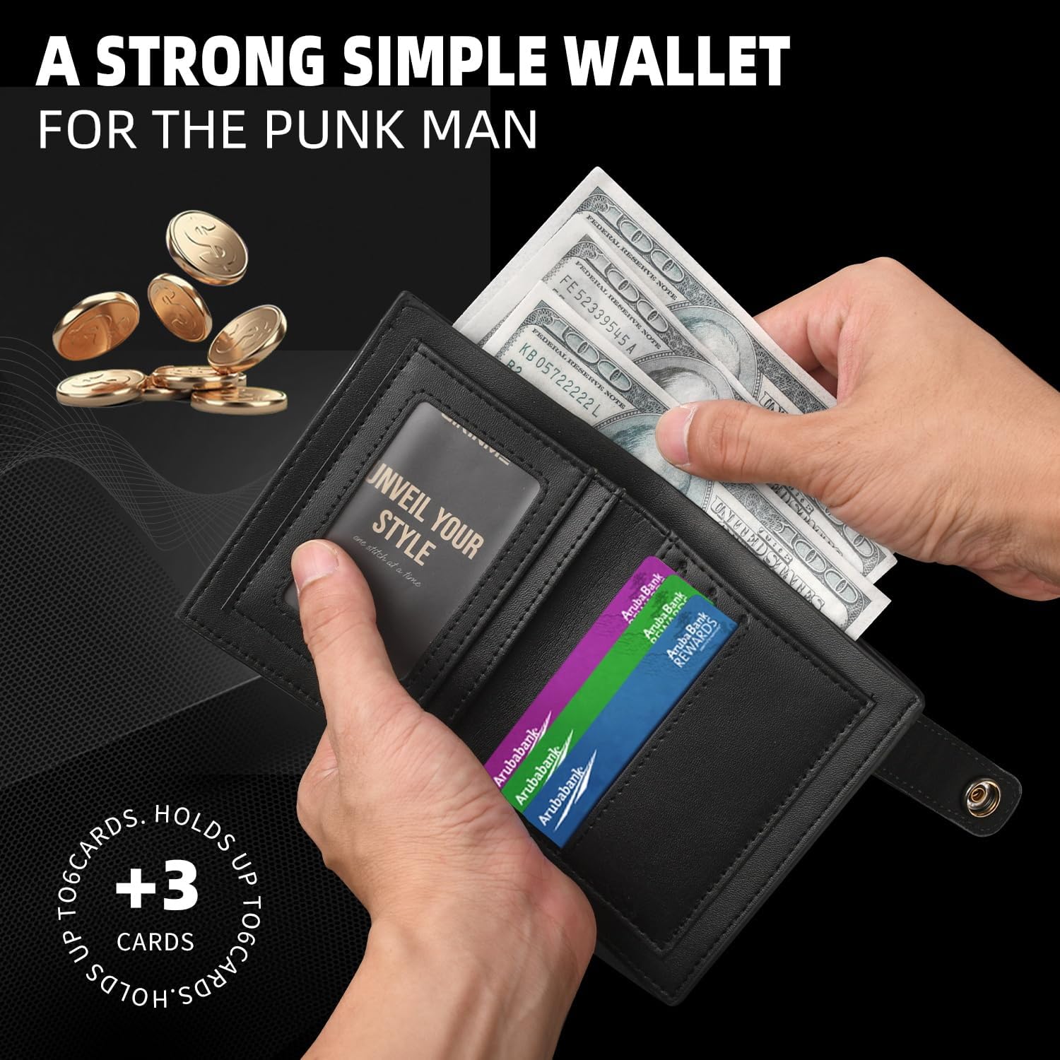 Unisex Gothic Punk Skull Chain Wallet - Bifold Faux Leather, Halloween Goth Accessories - Silver - Image 3