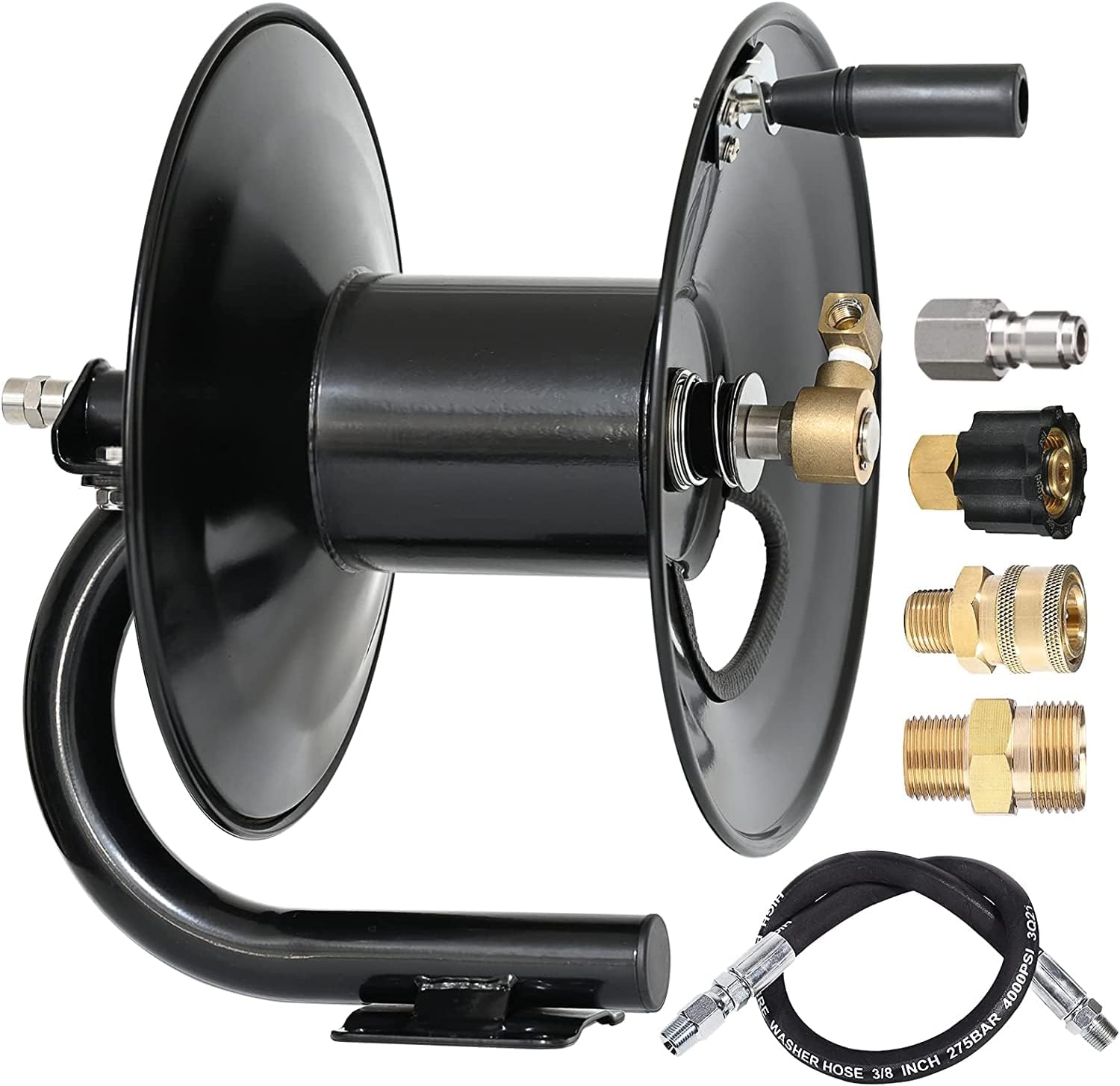 YAMATIC Pressure Washer Hose Reel 100 ft with Jumper Hose 3ft, Heavy Duty Steel Manual Crank Power Washer Hose Reel with Adapter Kits, 4000 PSI