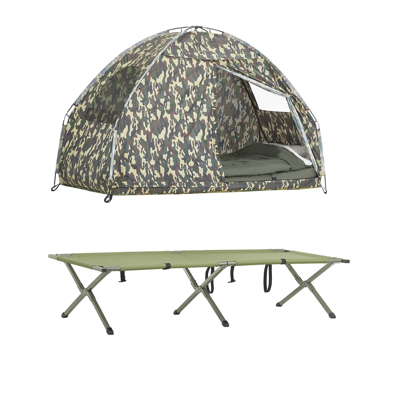 SoBuy faltbar Survival-Zelt Feldbett mit Zelt Feldbett 4 in1 Camping Set mit Schlafsack Wurfzelt Matratze und Zubehör Zelt 1 Person 1 Mann Zelt Outdoor Tarnfarbe BHT ca. 193x160x86cm OGS32-TN