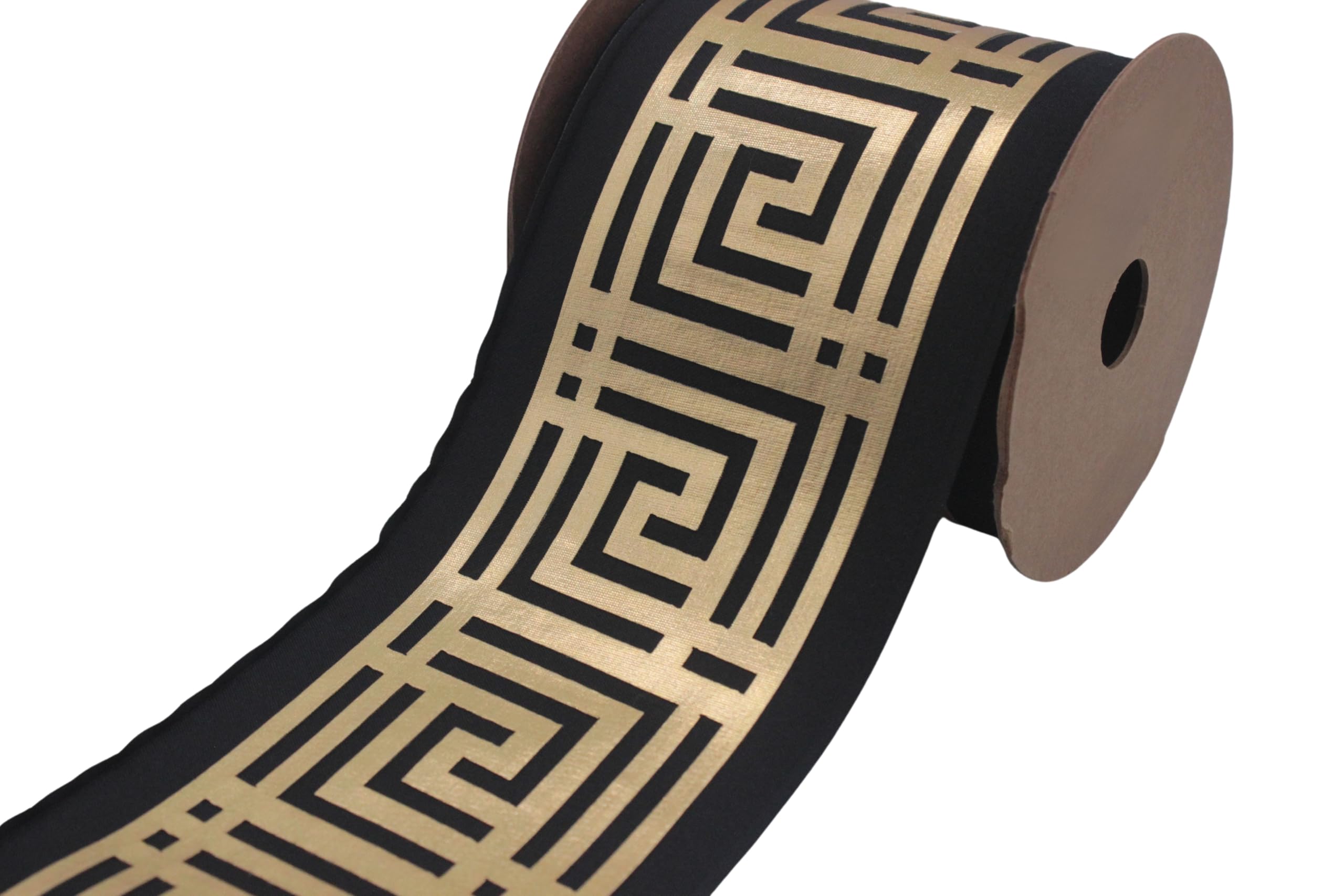 Ruban jacquard clé grecque noir et or motif géométrique pour rideau