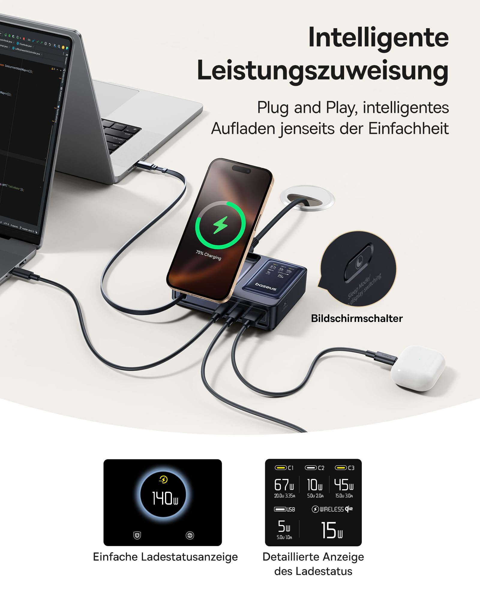 Baseus NOMOS 5-w-1 Stacja Ładowania, 140W Ładowarka USB-C z ładowaniem MagSafe Qi2.0 15W, chowany kabel USB-C, 2USB-C+ USB-A, z wyświetlaczem cyfrowym, kompatybilna z iPhone17/16/15/14, MacBook