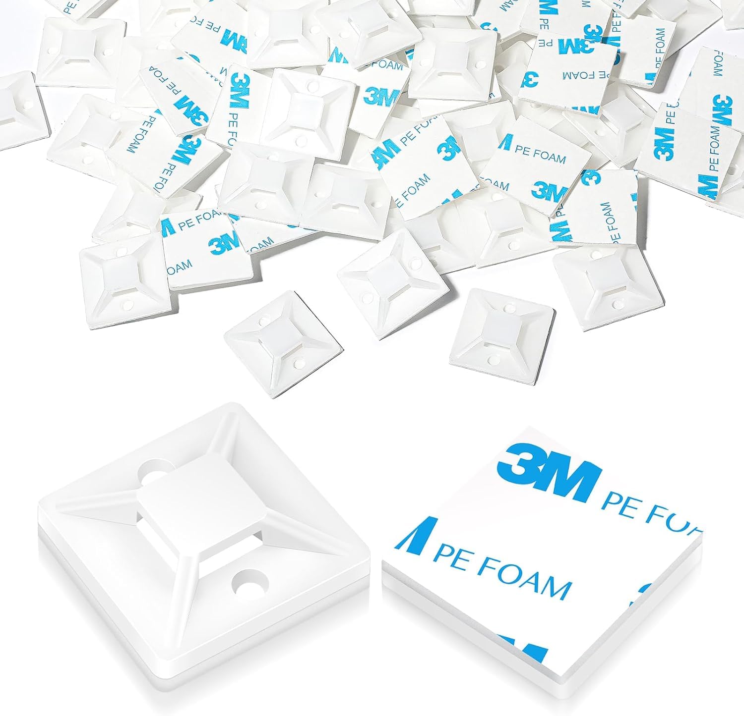 100 Pcs Cable Tie Mount 18 x 18mm, White Self Adhesive Wire Tie Base Holders, Sticky Zip Tie Pads Clips for Home Office Cables Management