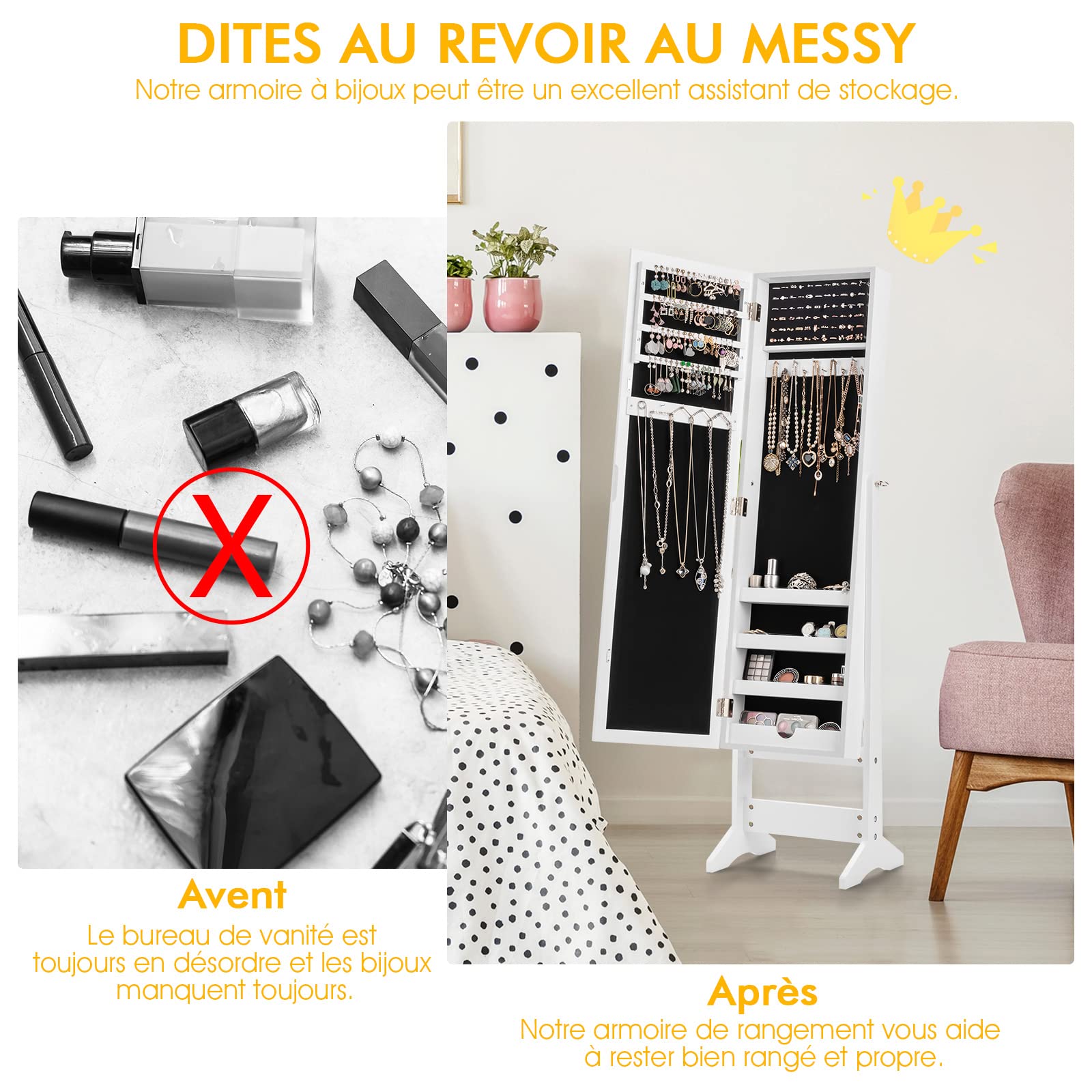 RELAX4LIFE Armoire à Bijoux sur Pieds avec Miroir Pleine Longueur HD 4 Angles Réglables, Armoire à Bijoux avec Grand Espace de Rangement pour Chambre, Vestiaire, Salle de Bain (Blanc)