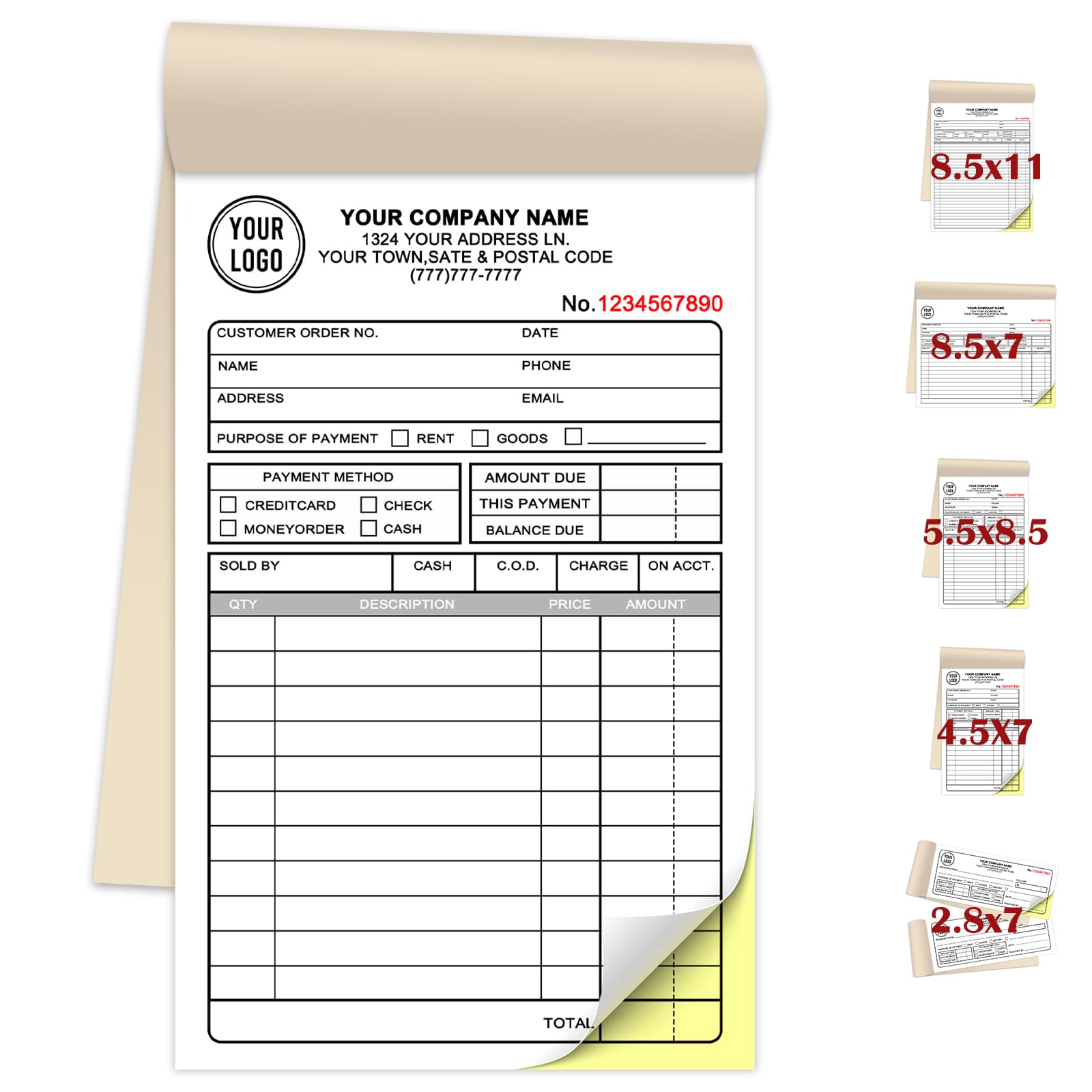 Custom Invoice Book for Small Business,4.5 x7 Inches Invoice Receipt Book, 2-Part Carbonless Forms, Personalised Company Name, Address, Phone Number