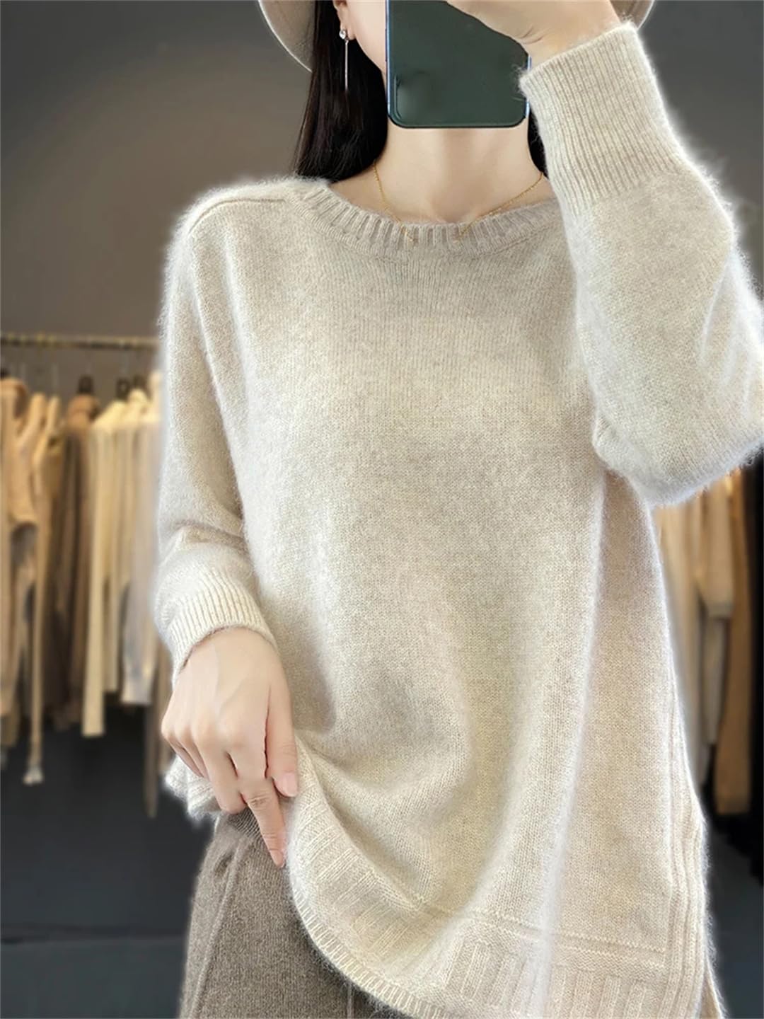 Fnfmrfmr Damski sweter oversize z okrągłym dekoltem jednolity kolor długie rękawy miękki ciepły sweter topy
