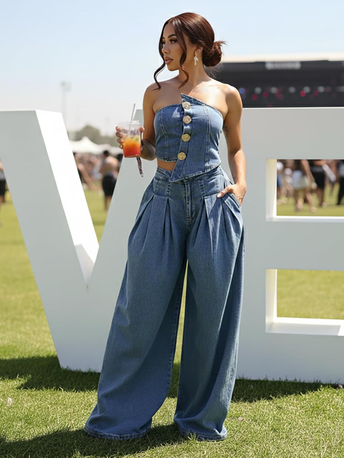 KANSOON Denim Set for Women 2 Piece Sexy Tube Top and High Waist Wide Leg Jeans Pant Outfit Streetwear - Image 4