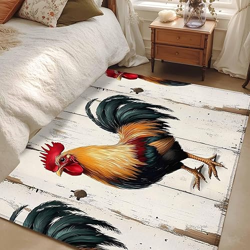 Miniatura 10 de 3.3ft Round Rug, Retro Rooster Non-Skid Rubber Backing Large Area Rugs - Living Room Bedroom Home Office, Watercolor Animals Farmhouse Indoor Floor