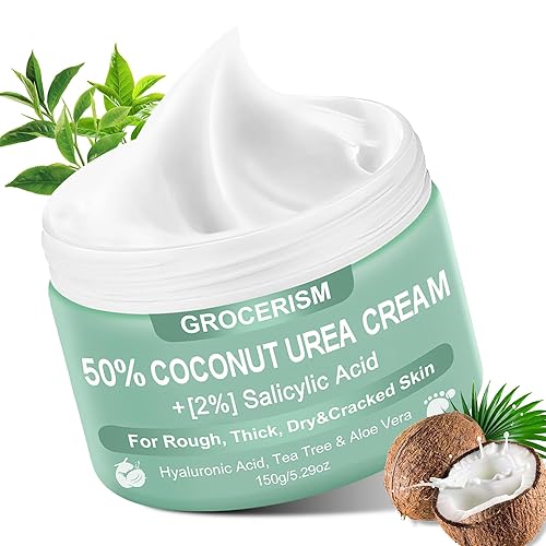 Grocerism Crema de urea 50 por ciento para pies con coco 5.29 onzas  Crema para pies y manos de máxima fuerza con 2% de ácido salicílico, árbol de