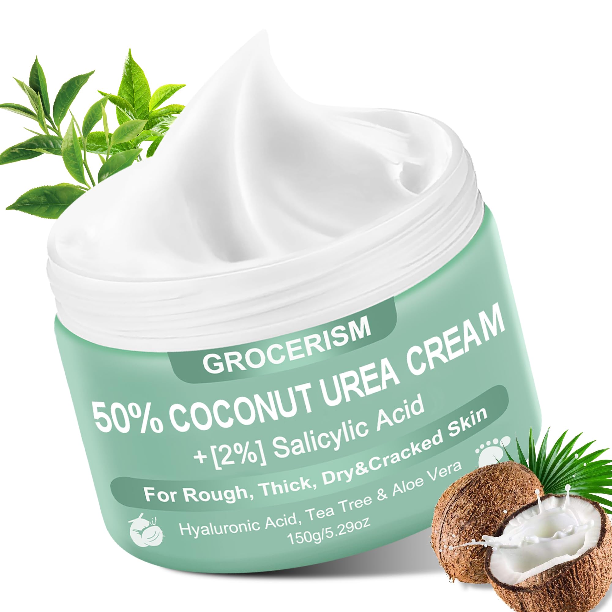 Urea Creme 50 Prozent für Füße Maximale Stärke 150 Gramm mit Kokosnuss und 2% Salicylsäure, Fuß-&Handcreme mit Hyaluronsäure, Teebaum und Aloe Vera für Tiefenbefeuchtung, Hornhaut