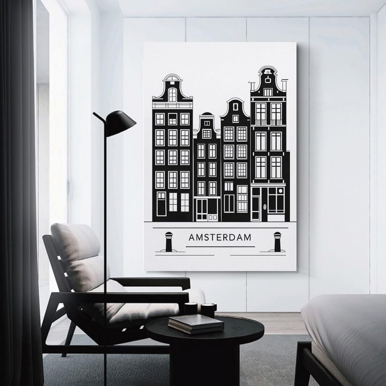 Junmoney Unframe-Style-21-1 Amsterdam Buildings Black And White Illustration Decorative Canvas Print, 16X24inch(40X60cm), For Gallery Wall Decor And Room Displays, Wall Decor Suited To Curated Displays