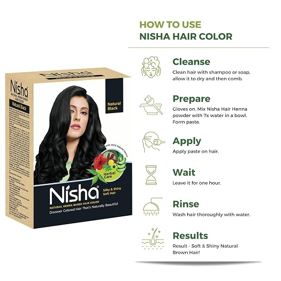 Nisha Natural Henna Based Semi Permanent Hair Color Natural Black 2.12 oz Henna Ammonia Free Vegan Cruelty Free Root Touch Up 100 Percent Grey Coverage for Women and Men 6 Sachets