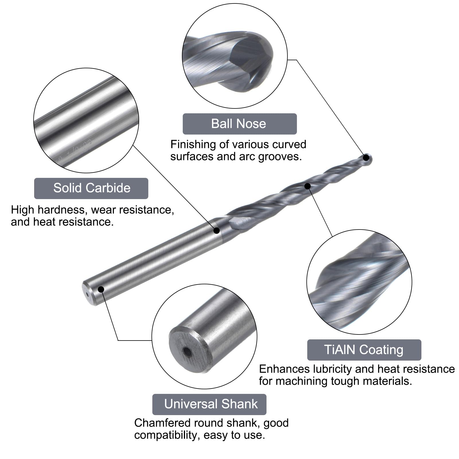 QUARKZMAN Fresa Sfera Conica Fresa CNC, Raggio 1,5 Mm, Gambo da 1/4" Carburo Tungsteno Rivestito Tialn, Spirale 2 Taglienti, Utensile Fresatura, Diametro 3 Mm, Lunghezza Totale 3 Pollici