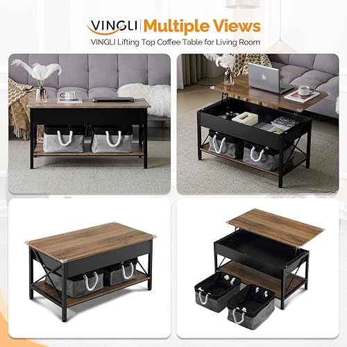 Miniatura 5 de VINGLI Mesa de centro elevable de 36" con contenedores de almacenamiento de tela gratis, mesas de centro negras rústicas de granja para sala de