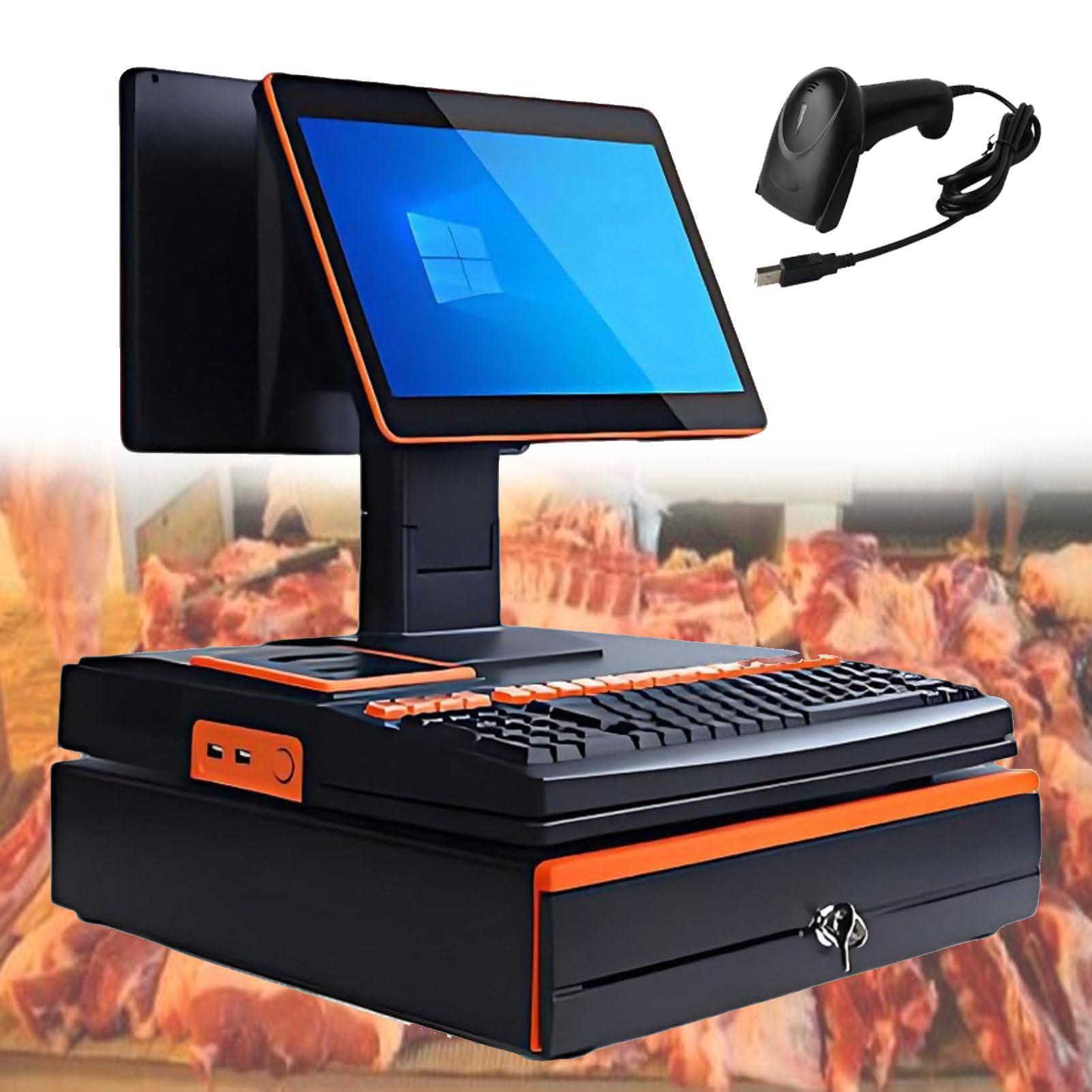 Pvxa Orange Point Of Sale 15.6" Touch Screen Cash Register, All-In-One Smart Pos Professional Cash Register, With Cpu I3, 4 Gb Ram, 64 Gb Ssd, For Retail And Restaurant Dualscreen