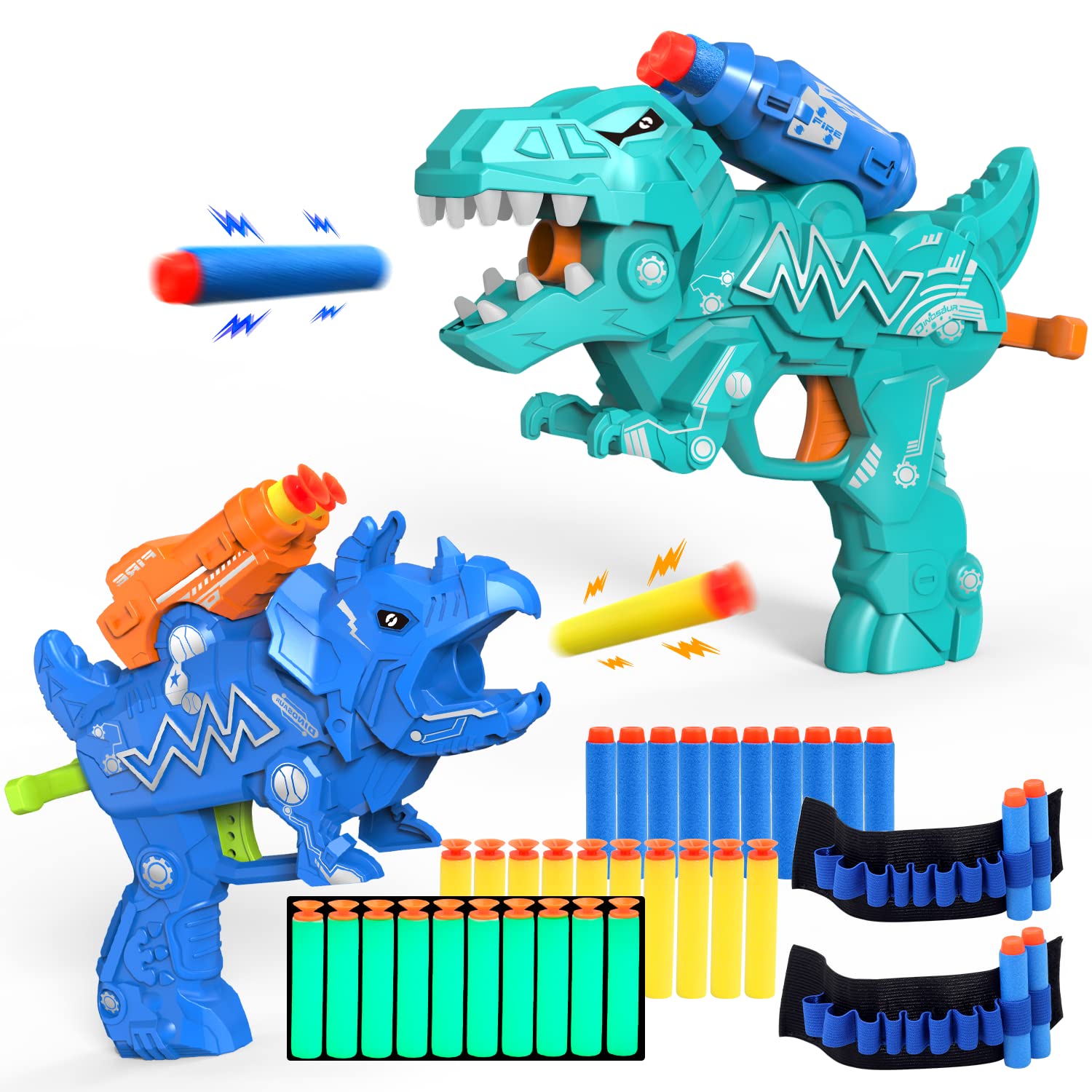 Dinosaur Toy Guns for Toddlers Age 3-5,Dino Blaster Toys for 3 4 5 6 7 8 Year Old Boys,2 Pack Foam Blasters Guns Cool Shooting Game T-rex & Triceratop Toy with 30 Bullets Darts Birthday Gift for Boys