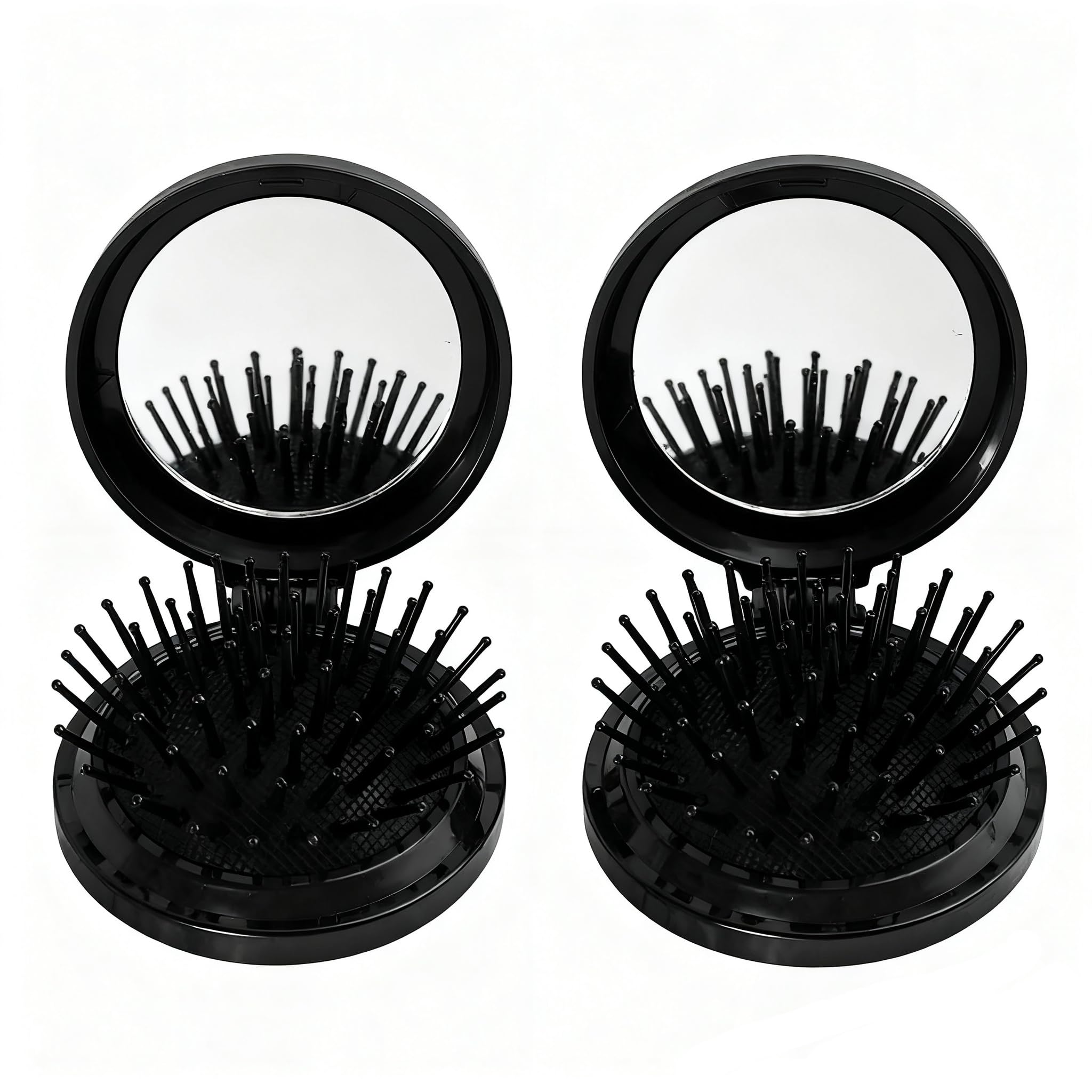 Xynovate 2er Pack Faltbare Reise-Haarbürste, Haarbürste ohne Ziepen, Mini Haarkamm für Locken mit Reise Spiegel Runde Tragbare Faltbare Tasche für Männer Frauen und Mädchen(Blak)
