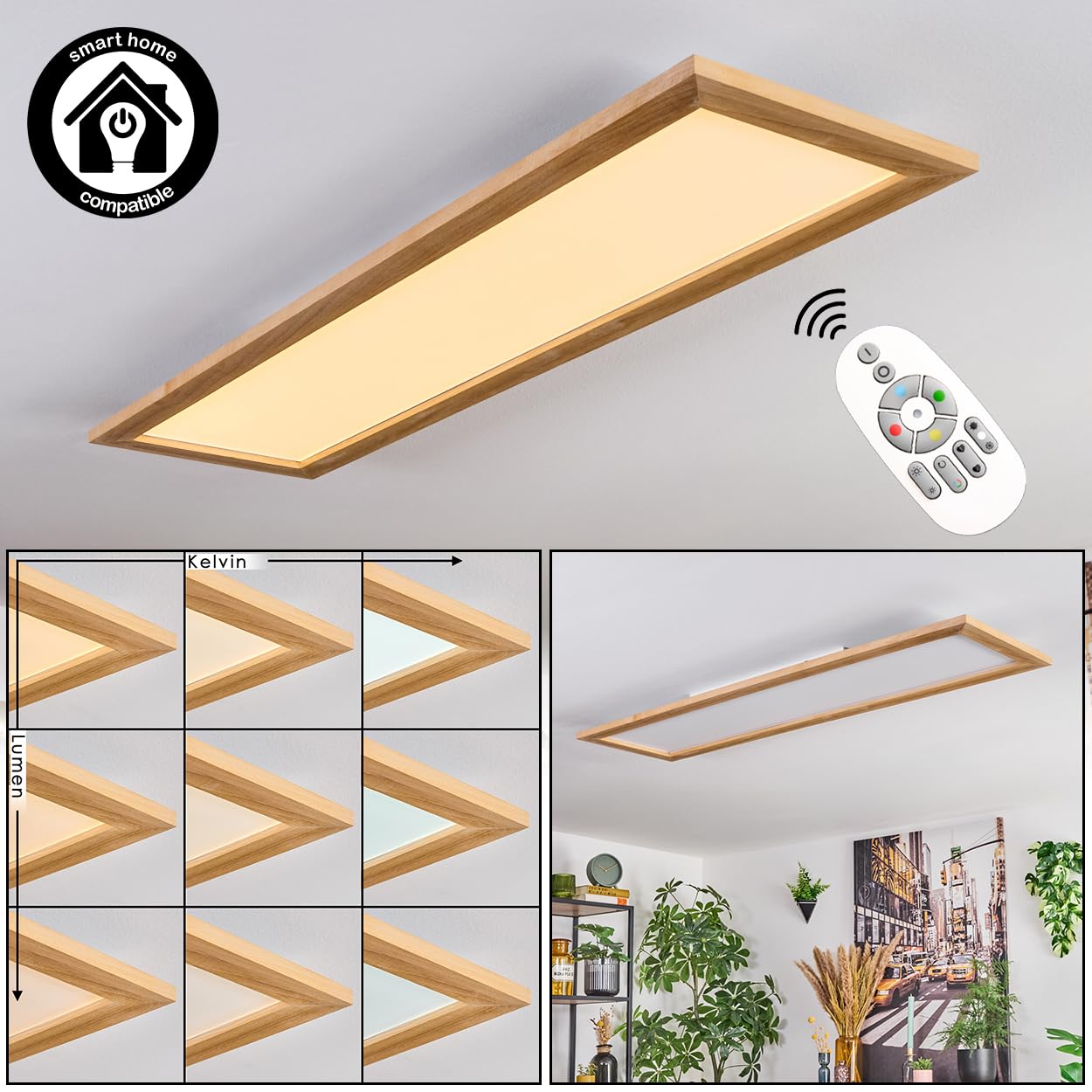 HOFSTEIN LED Deckenpanel Belan, dimmbare Deckenleuchte aus Metall/Holz/Kunststoff in Weiß/Natur, 37W, 3900L, 2700-6500 K, CCT einstellbar, Smart Home/App/Fernbedienung, Wohnzimmer, Schlafzimmer, Küche