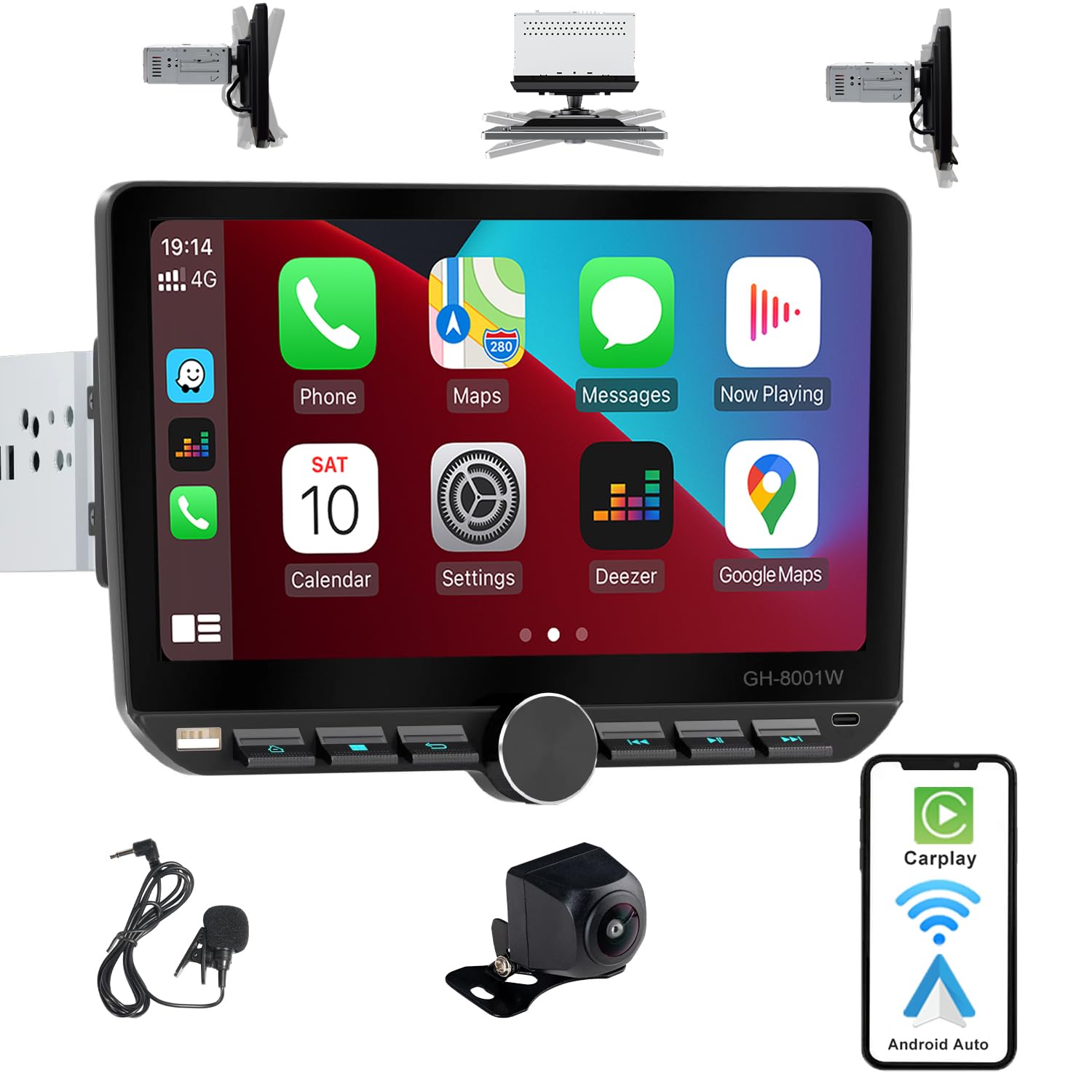 Autoradio 1Din mit drehbar Bildschirm(10.1"), Kompatibel mit [Wireless] Apple CarPlay/Android Auto Bluetooth USB Typ-C Rückfahrkamera AM/FM/RDS Radio