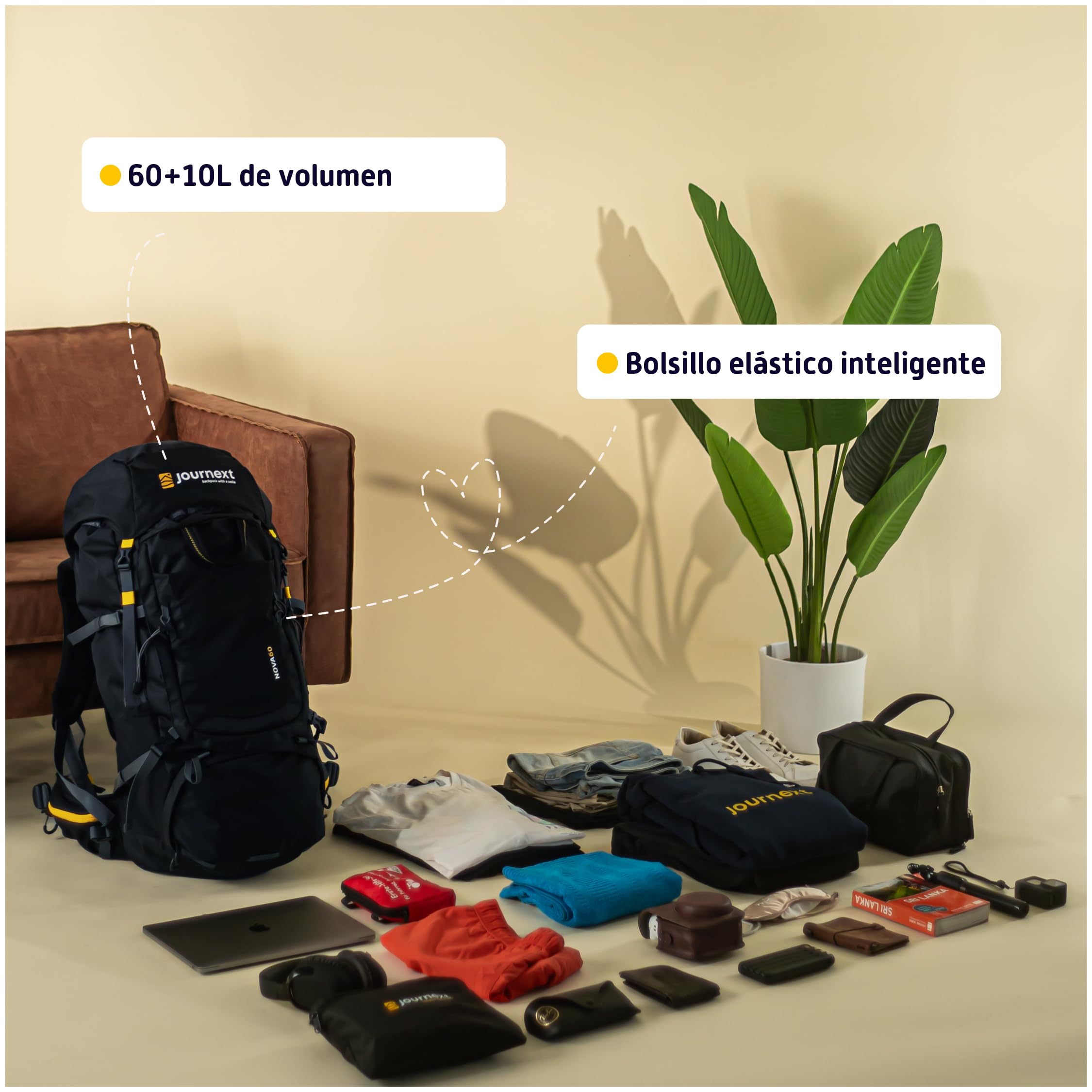 Journext Mochila NOVA 60+10l | Mochila de Trekking perfecta para Viajar | Mochila Viaje 60l | Mochila de Carga Superior y Frontal | Mochila 60 litros para Mujeres y Hombres | Mochila de Acampada