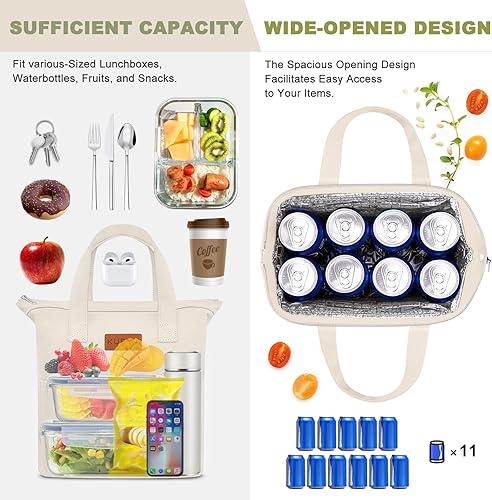 Miniatura 2 de KUBYA Lonchera para mujeres, hombres, adultos, simple, reutilizable, aislada, de gran capacidad, lindas bolsas de almacenamiento de alimentos para