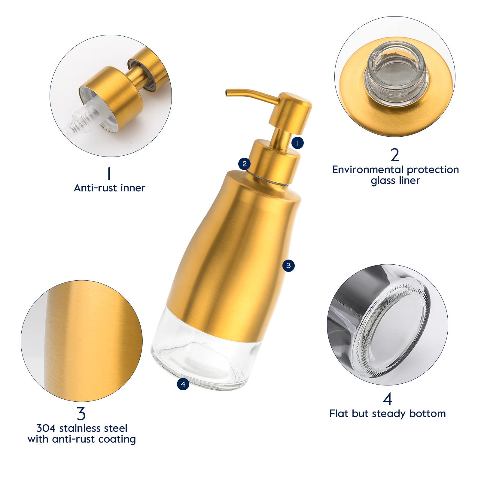 Gaussra Dispensador de jabón con posavasos y calcomanías, dispensador de bomba de mano de vidrio de acero inoxidable dorado cepillado, botella antioxidante, para botella de detergente de cocina y baño