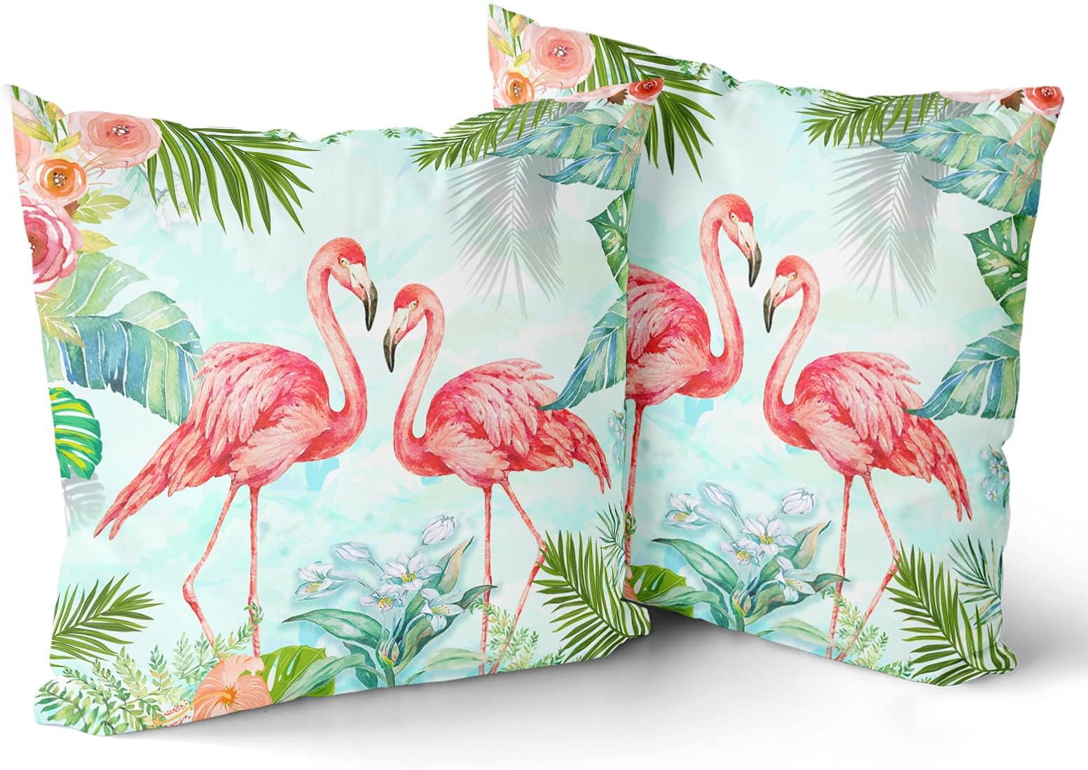 Flamingos Throw Pillow Cover Set of 2, Tropical Leaves Flowers Bird Pillowcase Soft Cotton Home Decorative Pillow cases 18 X 18 Inch Double Sided Cushion Covers for Indoor Outdoor Bedroom and Car