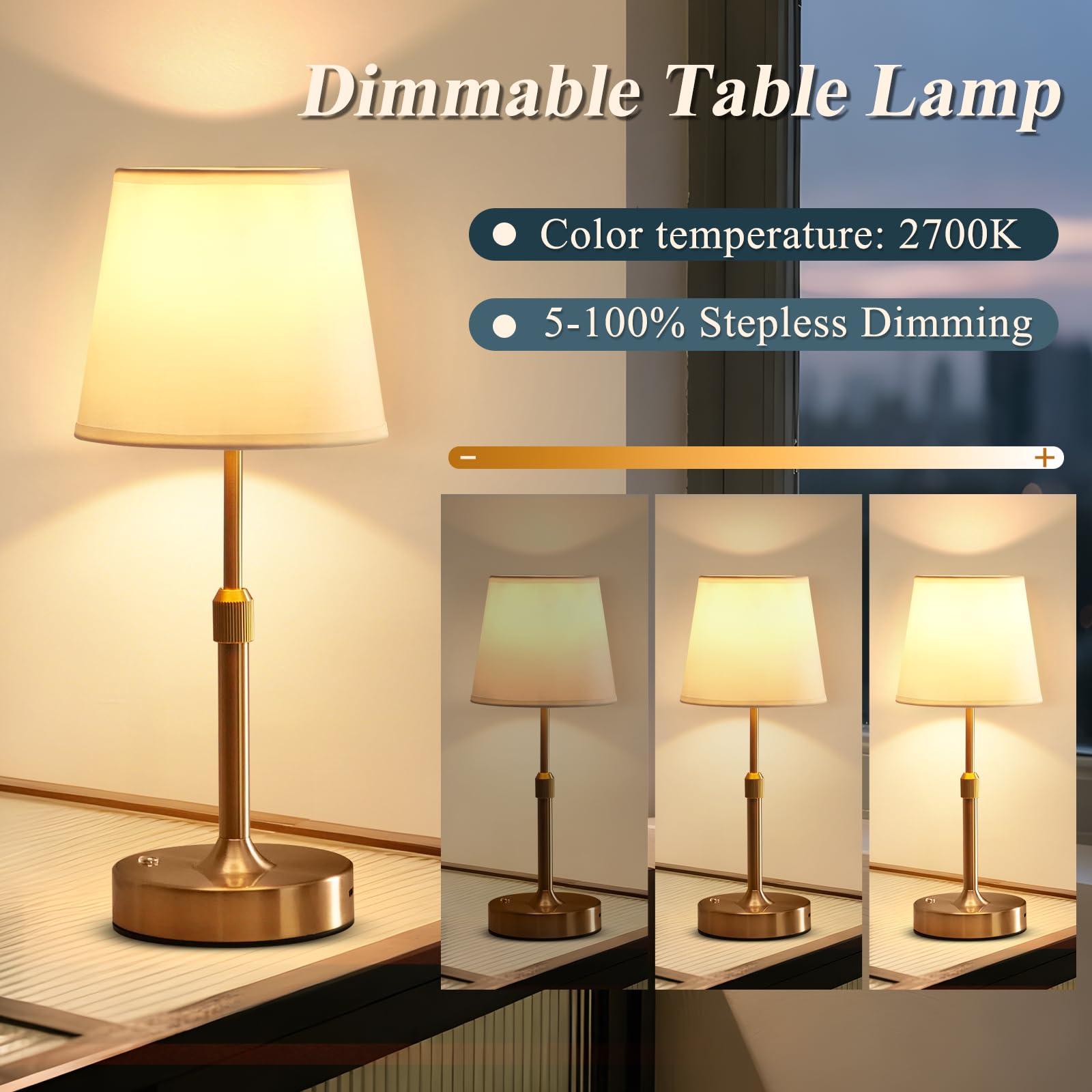 Lampada da comodino ricaricabile, lampada da tavolo dimmerabile a batteria, 6000 mAh, lampade da comodino wireless con paralume in tessuto, luci dorate portatili con controllo touch per camera