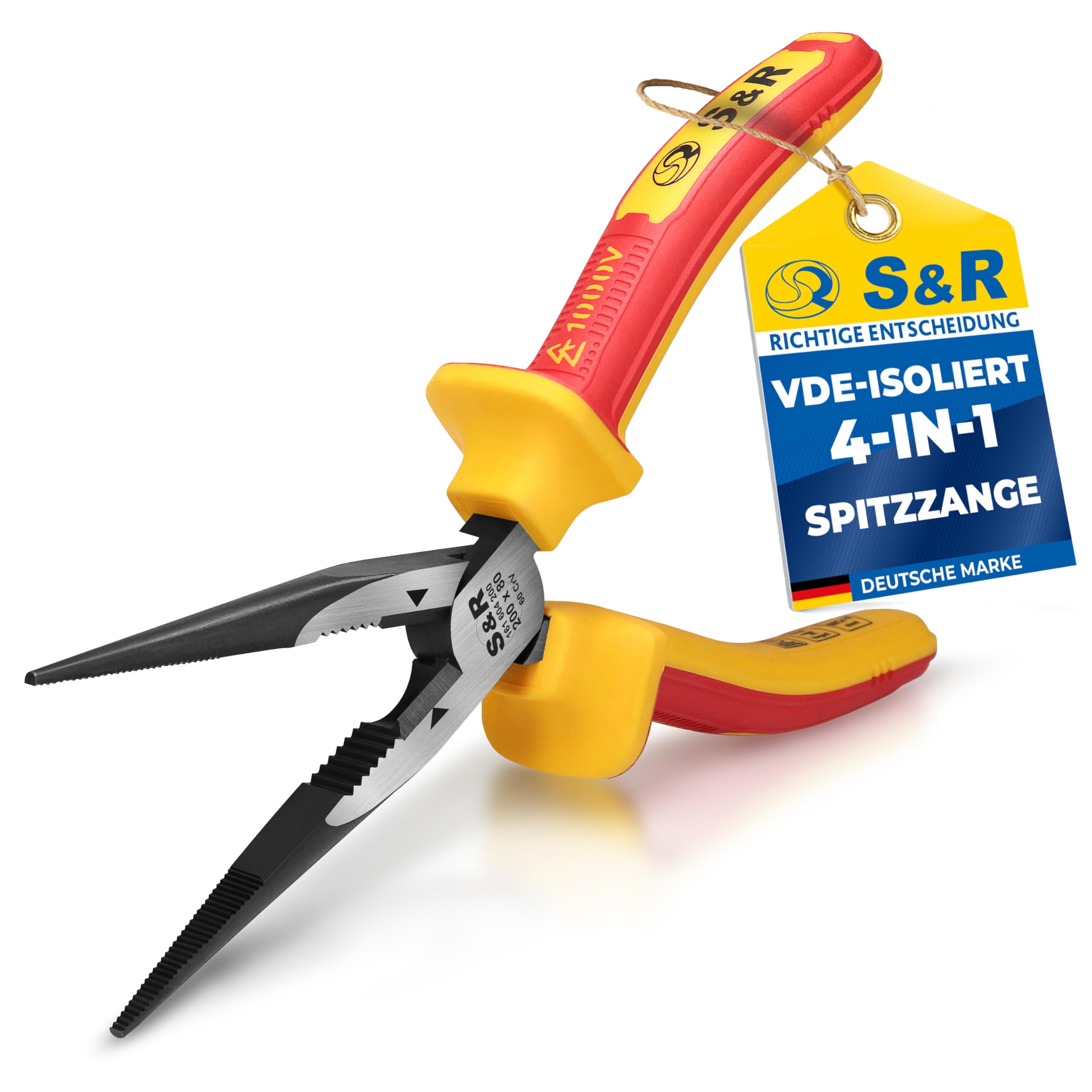 S&R VDE Flachrundzange 200 mm, gerade Spitzzange, 60 CrV hitze- und induktionsgehärtet für professionellen Einsatz, Härte HRC 66, Seitenschneider, 2K-Griff, Abrutschschutz, Storchschnabelzange