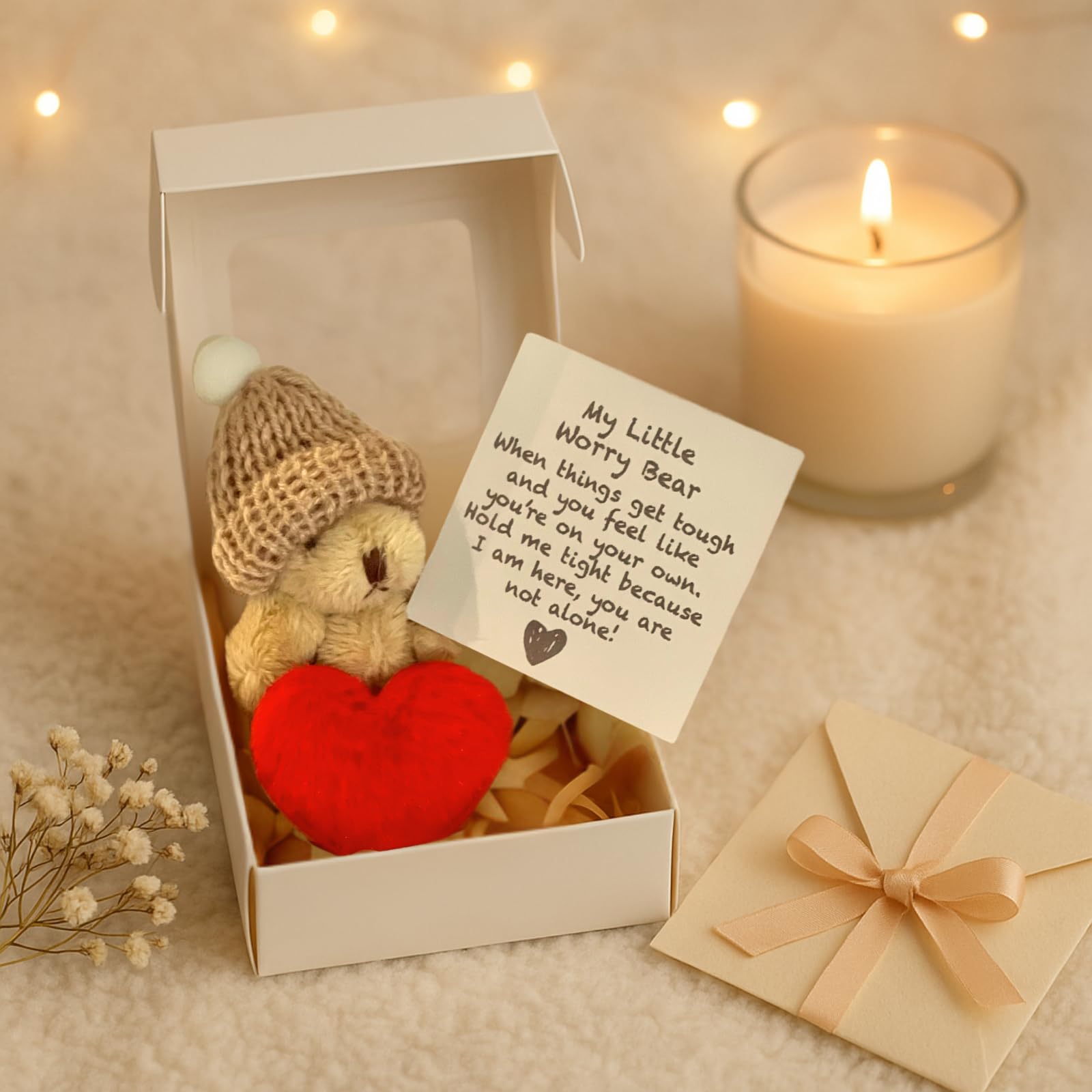 JULI Worry Bear Hug in a Box, Pocket Worry Bear with Red Heart & Comfort Card, Emotional Support Plush Toy - Image 2