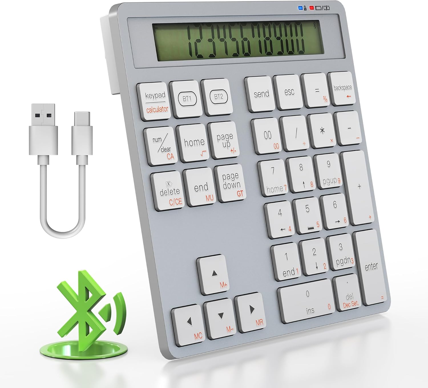 2-in-1 Wireless Number Pad & Calculator, Bluetooth 5.0 Numeric Keypad with USB-C Charging, 34-Key Portable Number Pad for Laptop, MacBook, PC, Windows, iOS & Android Devices​