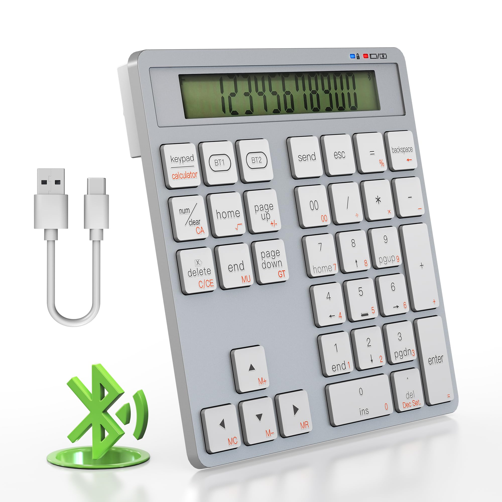 2 en 1 Teclado Inalámbrico con Calculadora - Teclado Numérico Bluetooth para MacBook/PC/iPad, 34 Teclas Teclado Numérico USBB C compatible con Windows/Mac/iOS/Android/Linux - Contabilidad/Oficina