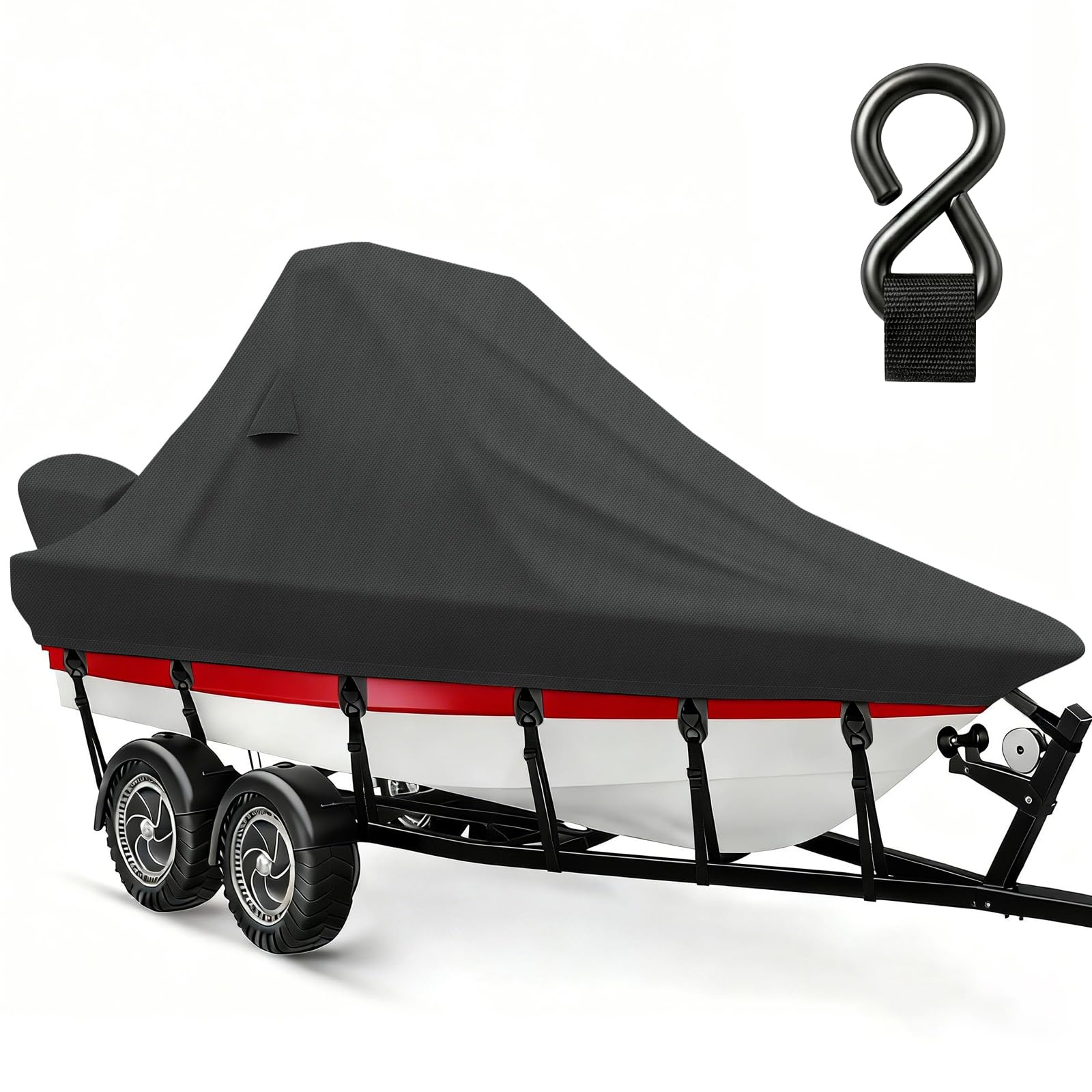 1200D Wake Tower Boat Cover with 15 Metal Hooks & Motor Cover, Black | Fits 23-25ft V-Hull Boats with Ski/Wakeboard Tower, Waterproof Boat Cover with Wake Tower with 2-Layer Thickened Bow & Stern