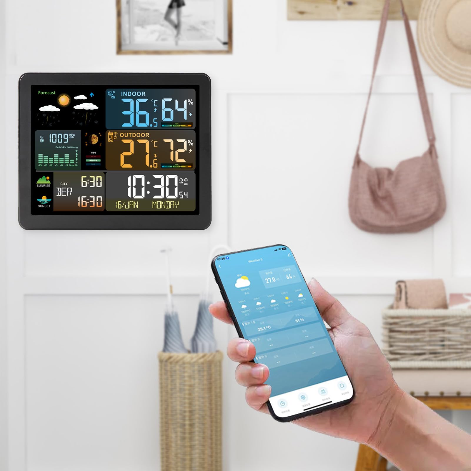 Asixxsix Drahtlose Wetterstation, Innen-Außenthermometer mit 6 Wettervorhersagen, Luftdrucktrends, Temperatur- und Luftfeuchtigkeitsaufzeichnungen für Zuhause, Wohnzimmer, Babyzimmer,