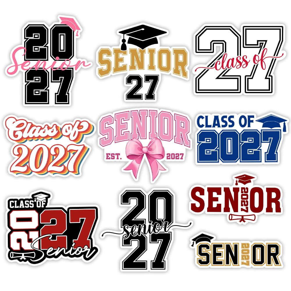 MAIANEY Class of 2027 Sticker, Senior 2027 Stickers Pack 10PCS, Graduation Decal Set, Cute Preppy Varsity Style, High School College Grad Gift, Waterproof Laptop Water Bottle Car Vinyl