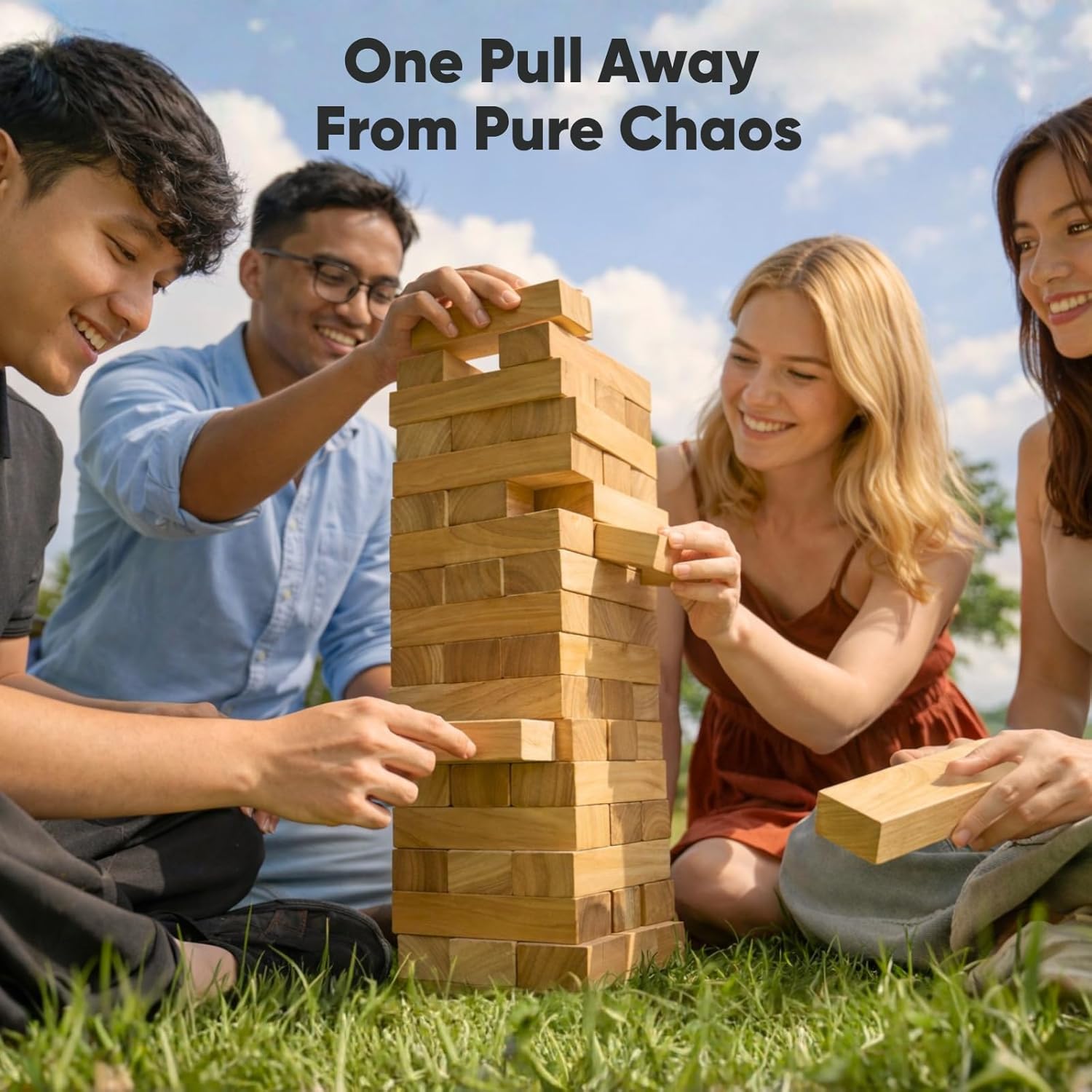 Giant Stacking Tower Game Over 5 FT - Premium Wooden Blocks Stacking Tower Game for Family Party, BBQ & Lawn Games - Natural