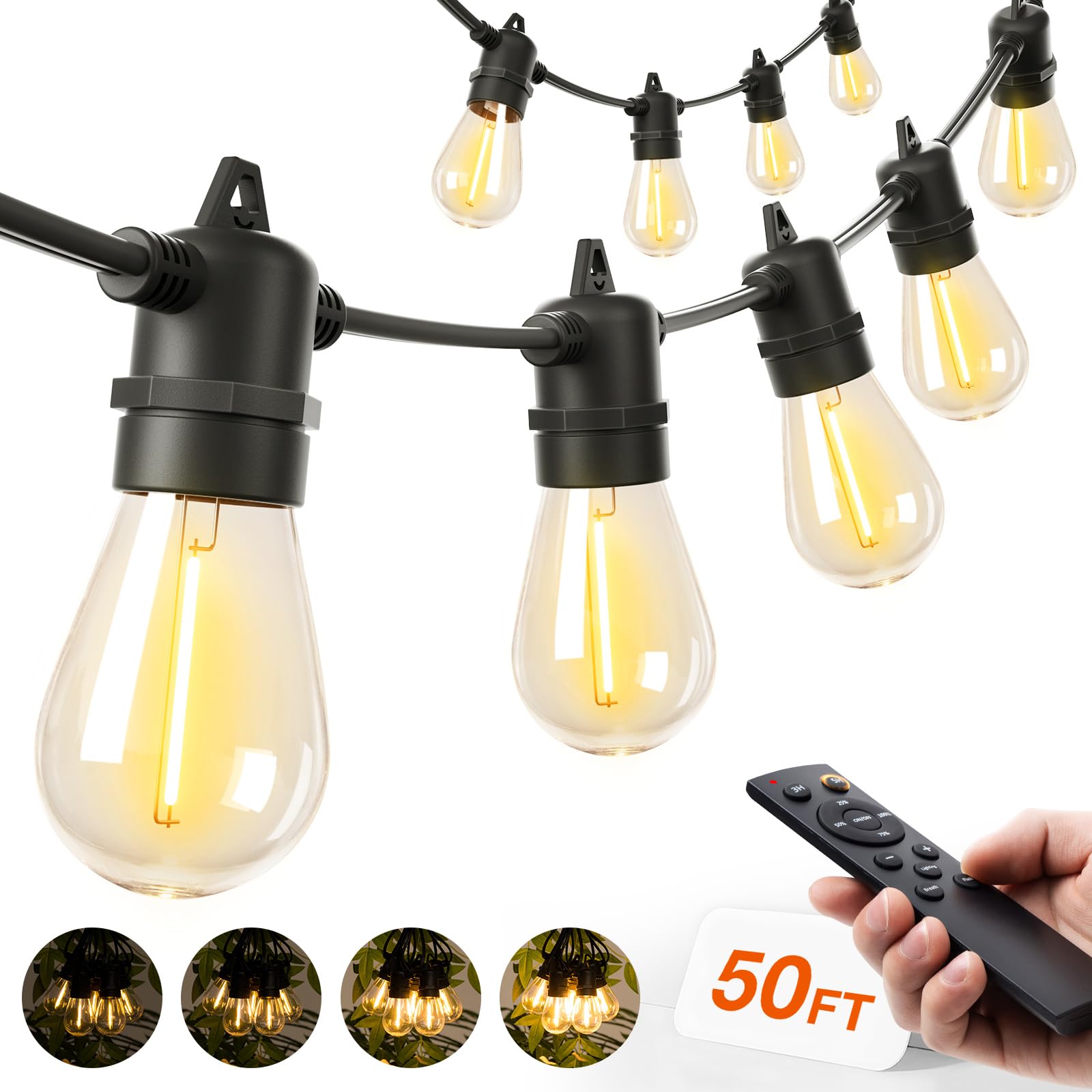 addlon 50FT LED Outdoor String Lights, Remote Dimmable Patio Lights with Timer & 3 Lighting Modes, 16 Shatterproof Edison Bulbs, Waterproof Connectable String Lights for Outside Backyard Party Décor