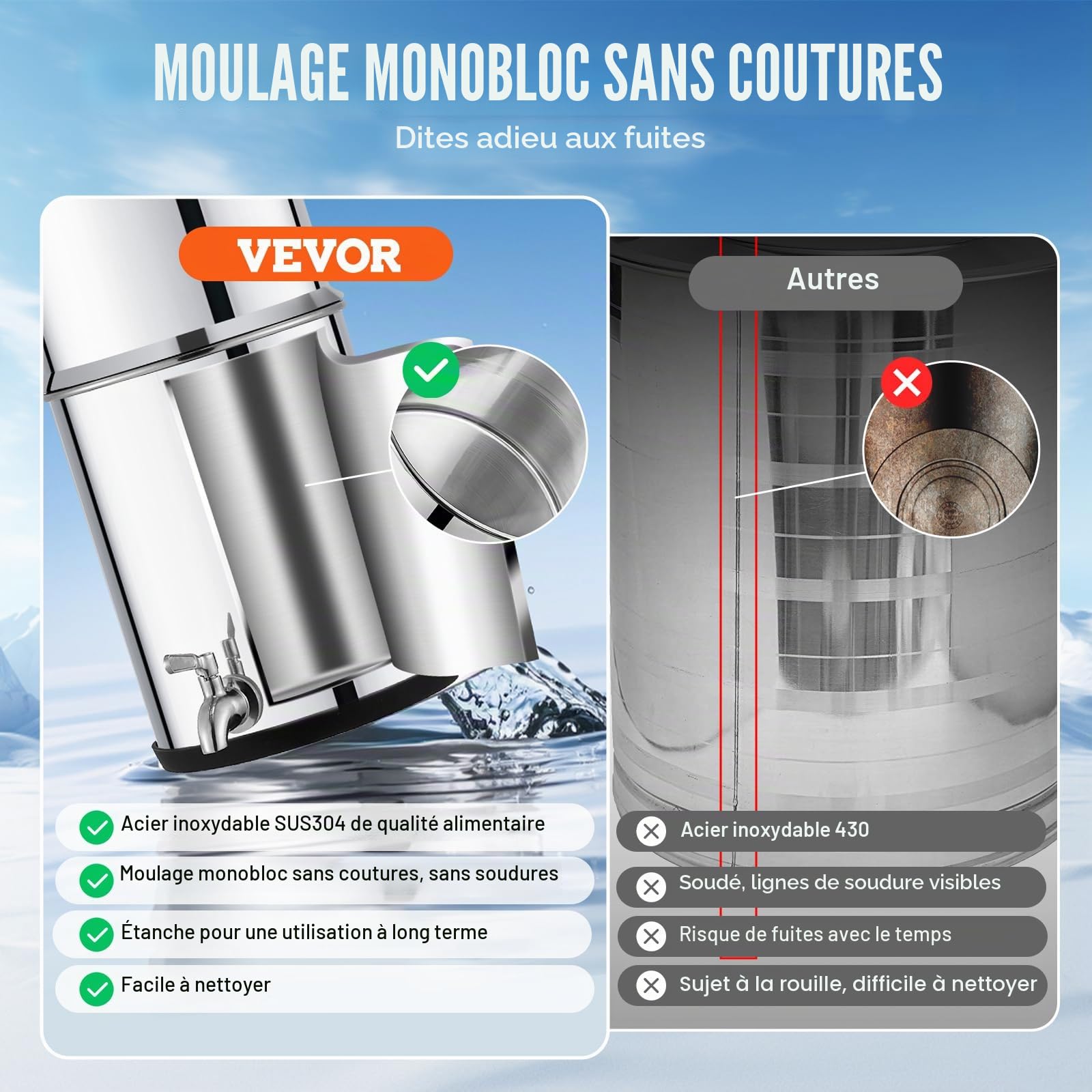 VEVOR Système de Filtration d'Eau par Gravité 8,5 L, Filtre à Eau par Gravité de Comptoir, en Inox 304, Réduction du Plomb et jusqu'à 99% du Chlore, avec 2 Filtres à Charbon et Robinet, Domicile