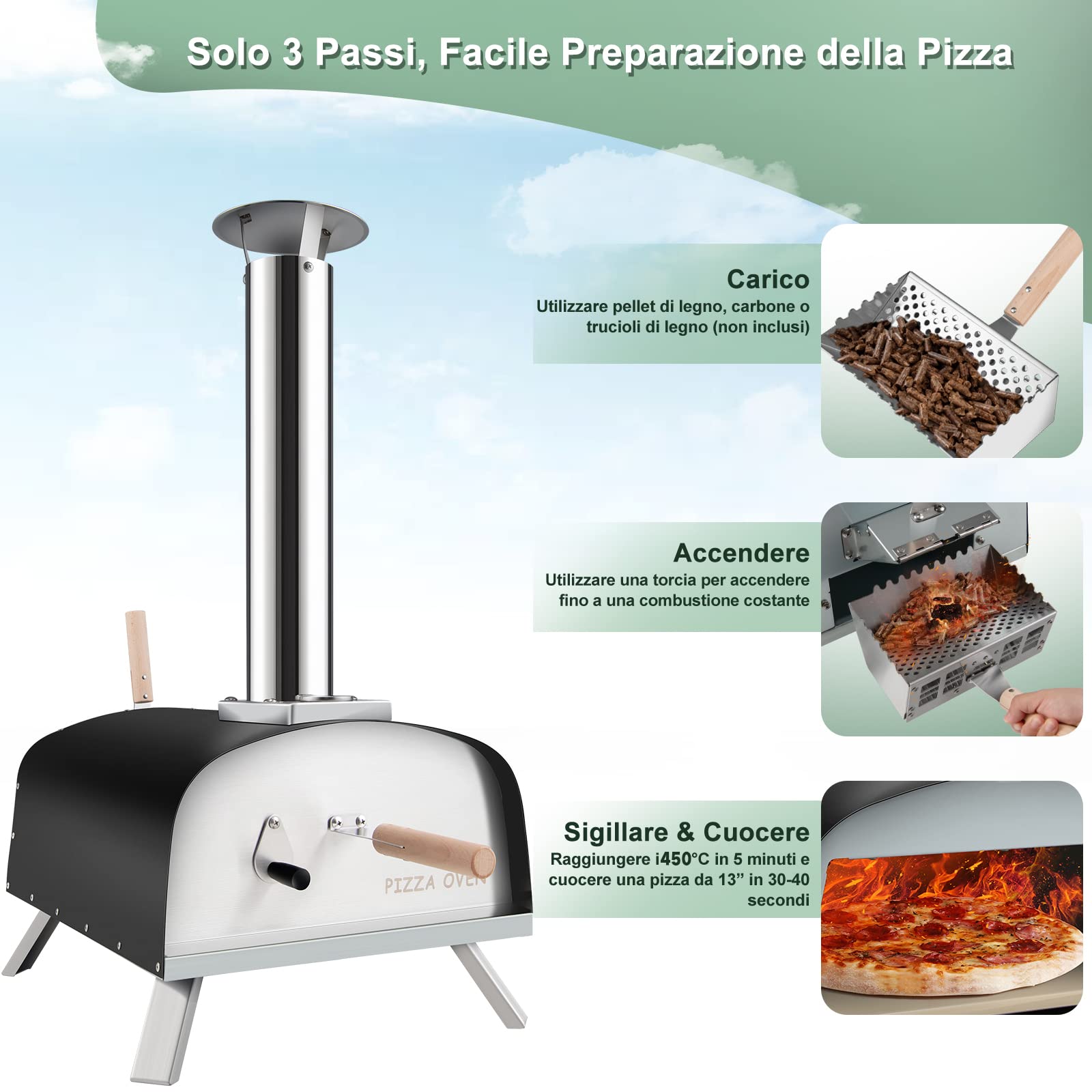 GYMAX Forno per Pizza all’Aperto, Forno per Pizza a Legna con Pietra per Pizza da 33 cm, Protezione Antincendio, Camino Rimovibile, Forno per Pizzaioli Portatile per Cortile, Campeggio, Cucina