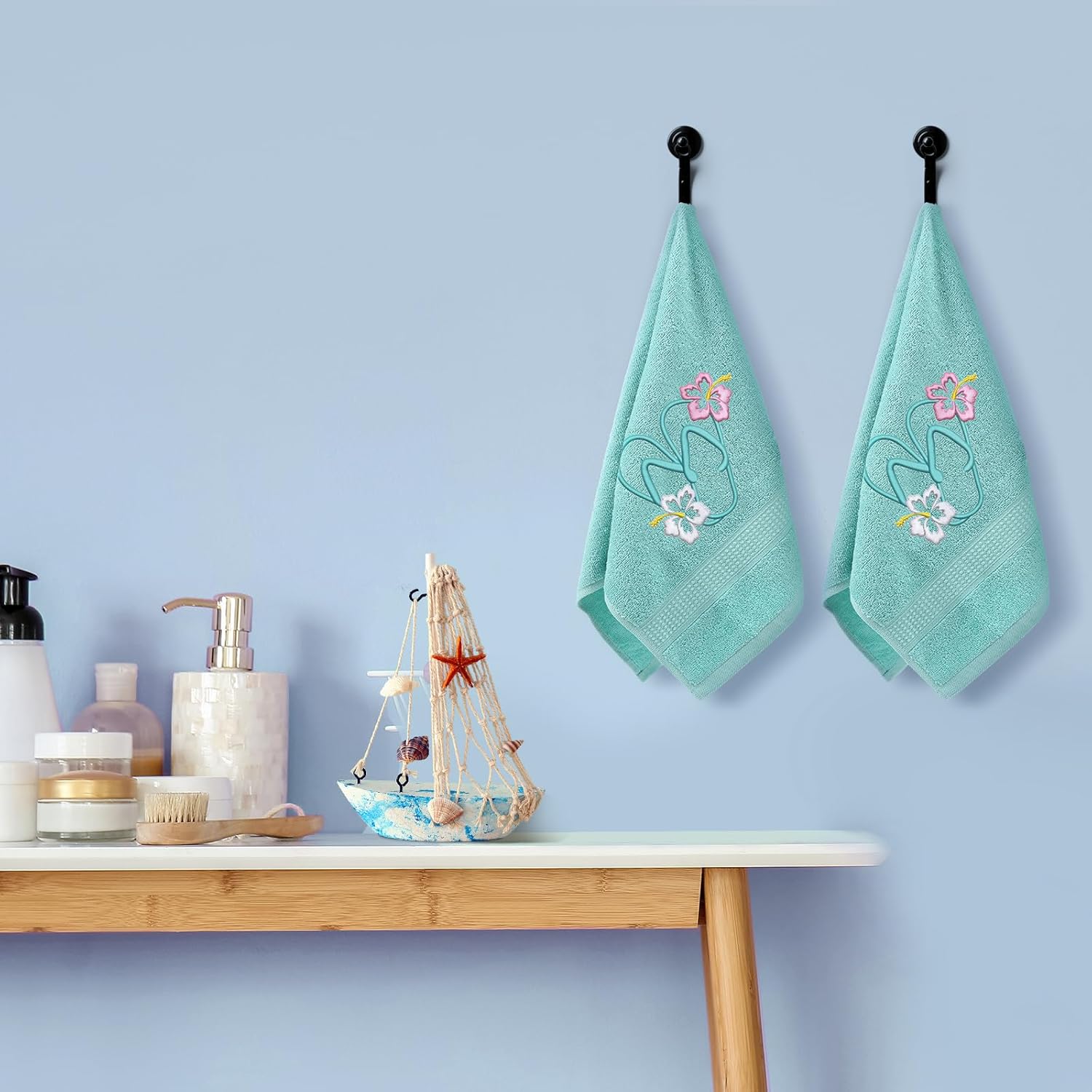2 Pcs Flip Flops Hand Towels Mint Green Bathroom Decor 14x29 Inch Embroidered 100% Cotton Soft Absorbent Spring Summer Decorative Hand Towels for Bathroom Kitchen - Image 4