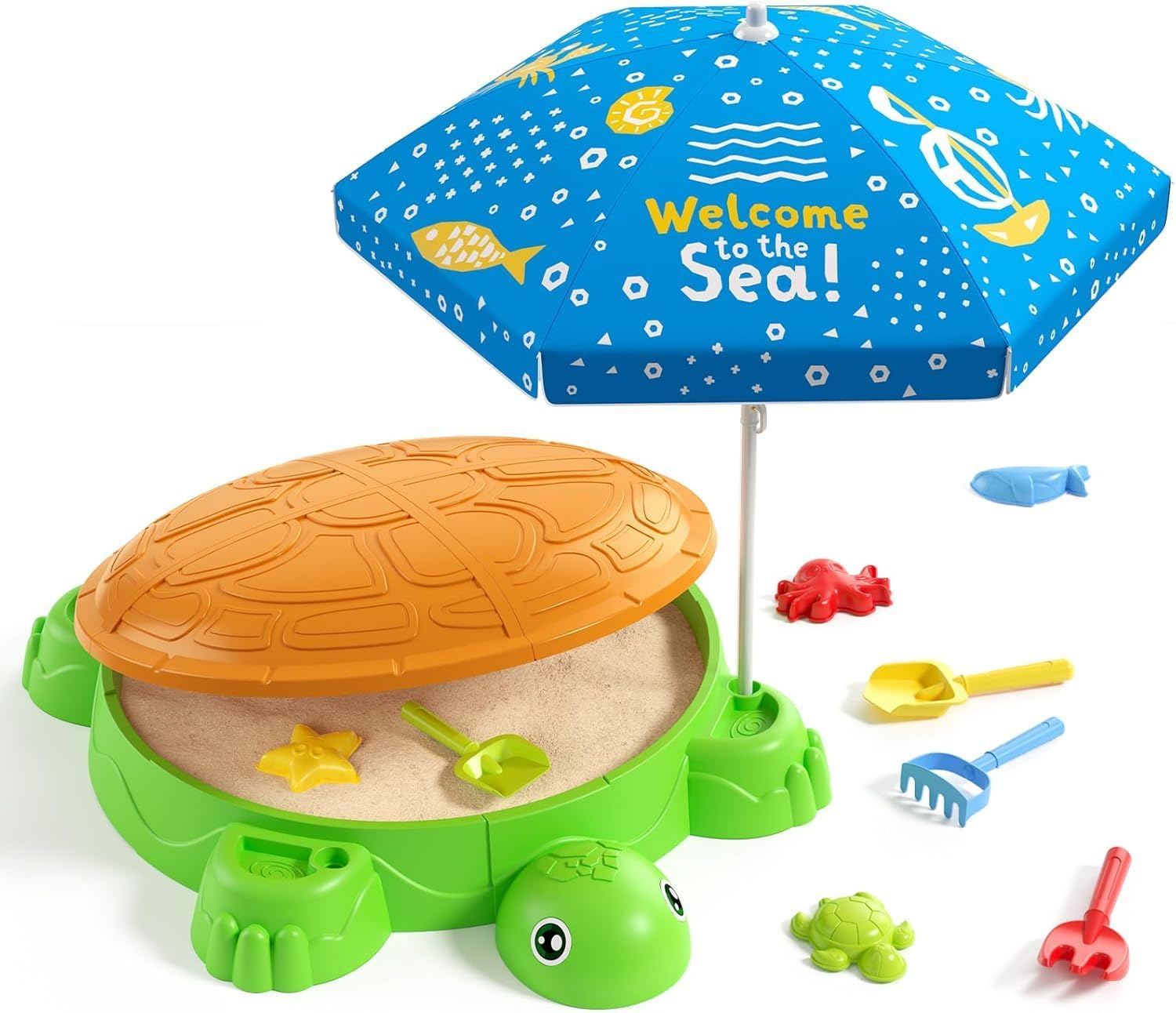 HYES Turtle Sandbox Sand Pit with Lid, Adjustable Umbrella, Beach Toys for Toddler 3-5, Sandpit for Children with Cover Suit, Kids Sand Pit Toys Summer Gifts for Indoor Outdoor Garden