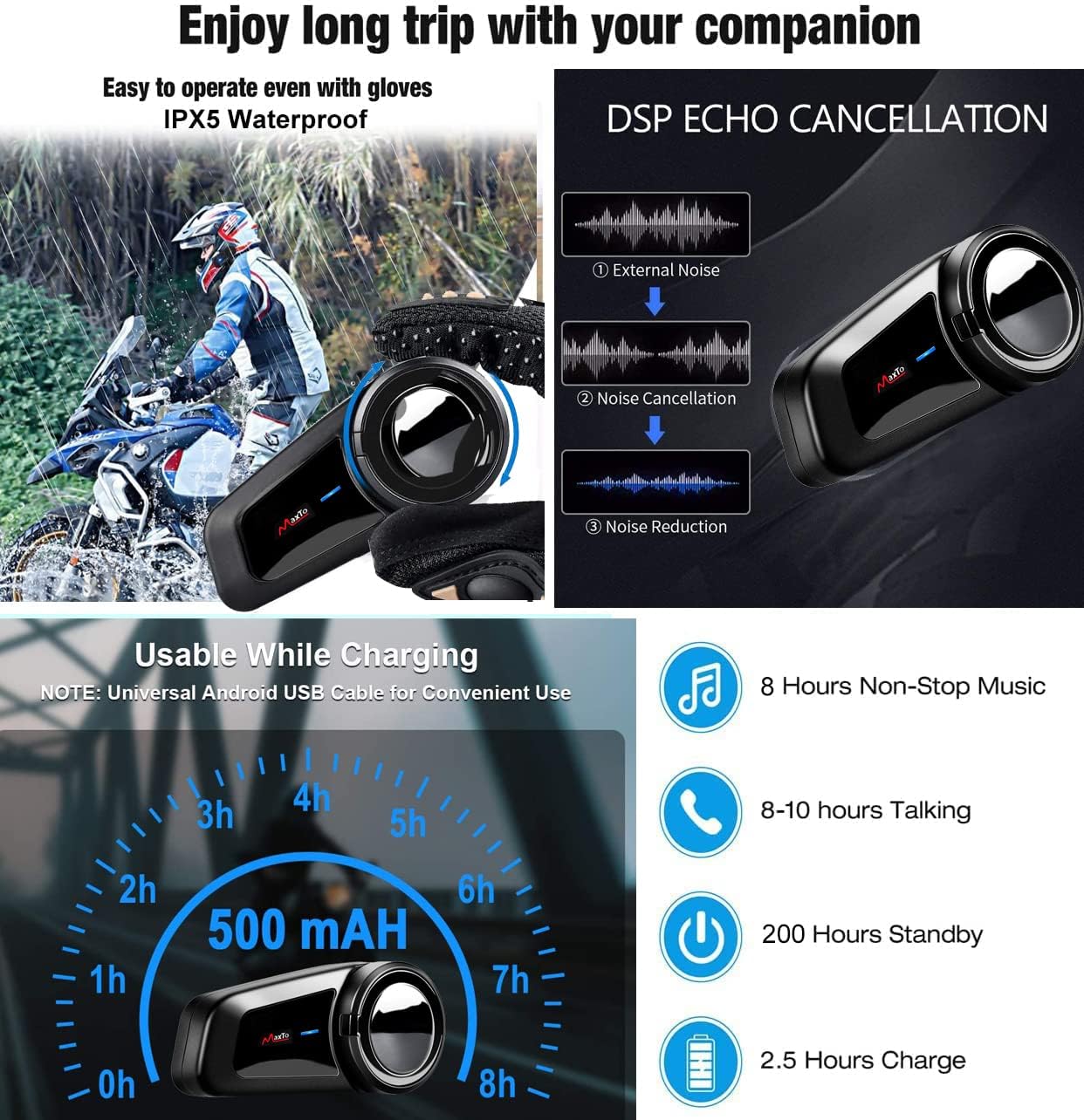 QSPORTPEAK Motocyklowy zestaw słuchawkowy Bluetooth, M2 1000 m, kask dla 6 jeźdźców, interkom Bluetooth, z redukcją szumów, radiem FM, uniwersalne systemy komunikacji motocyklowej do ATV, motocykla,