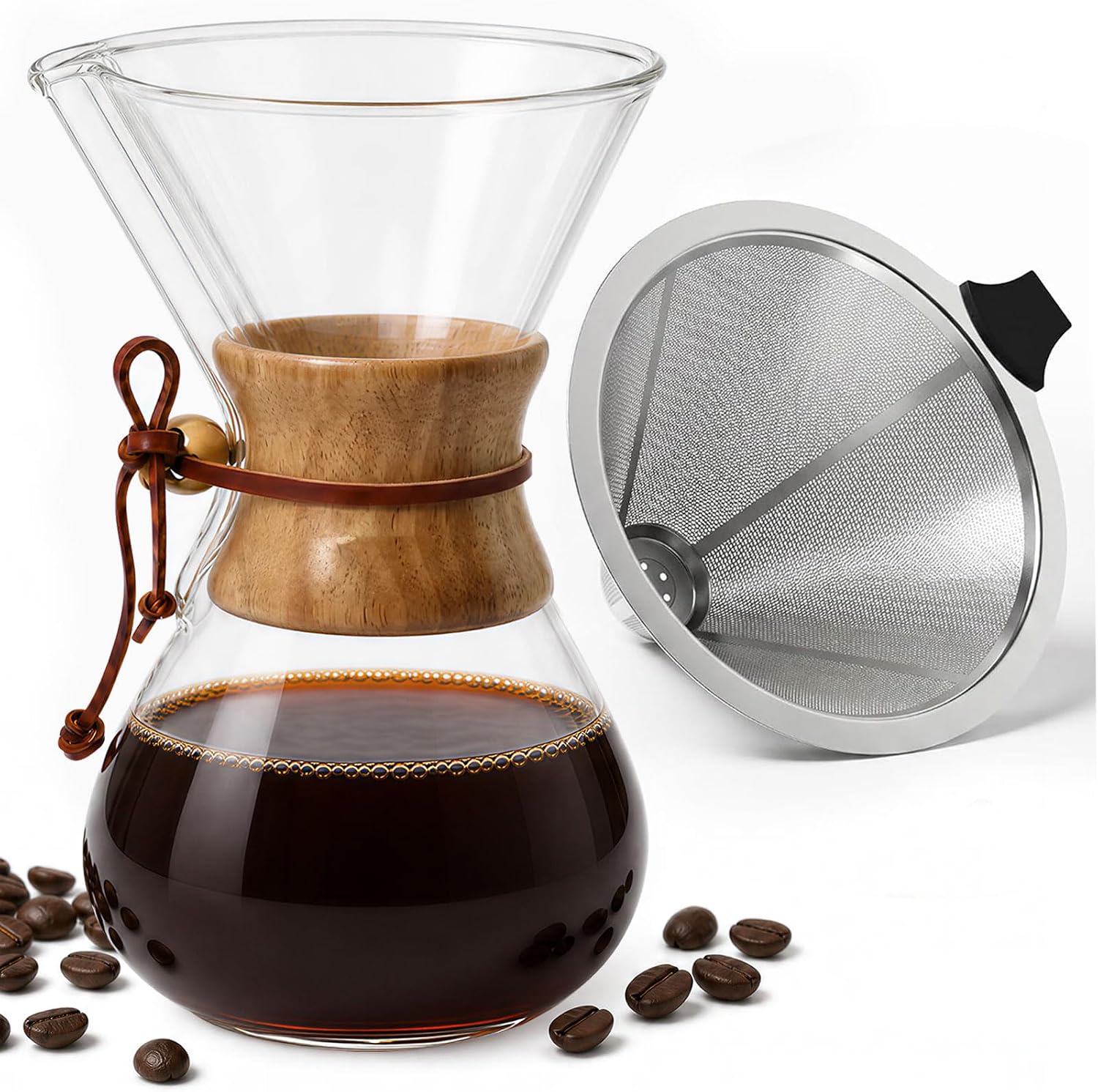 40oz Pour Over Coffee Maker - Manual Coffee Dripper Brewer with High-Heat Borosilicate Glass, Reusable Stainless Steel Filter, Plastic-Free, Non-Toxic, Vintage Design for Camping & Basic Use